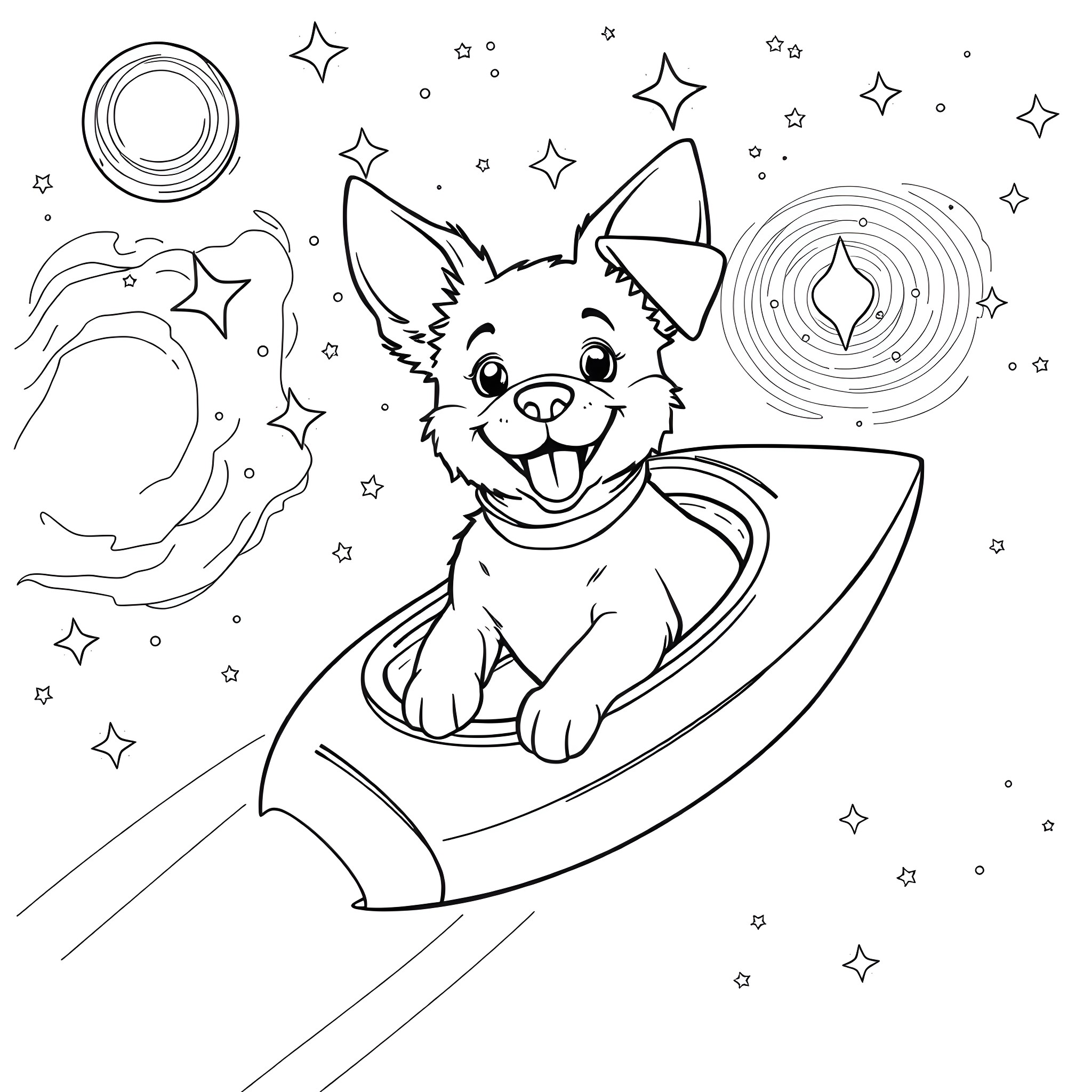 Dog riding a rocket ship in space Coloring Page (free black-and-white line drawing printable PDF for all, from beginners to advanced learners, including children, teens, adults, and seniors)
