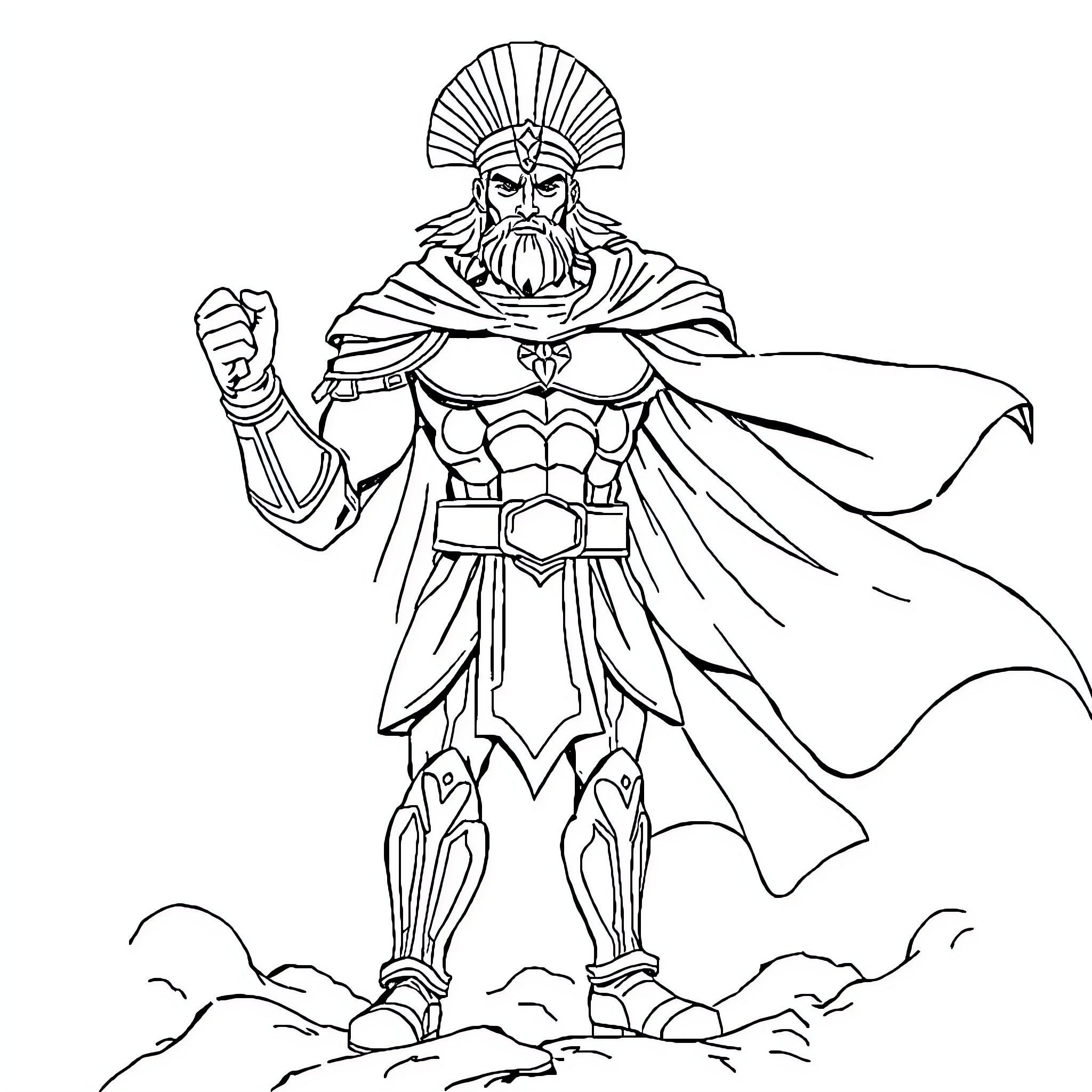 Superhero Warrior in Armored Costume and Helmet Coloring Page (free black-and-white line drawing printable PDF for all, from beginners to advanced learners, including children, teens, adults, and seniors)