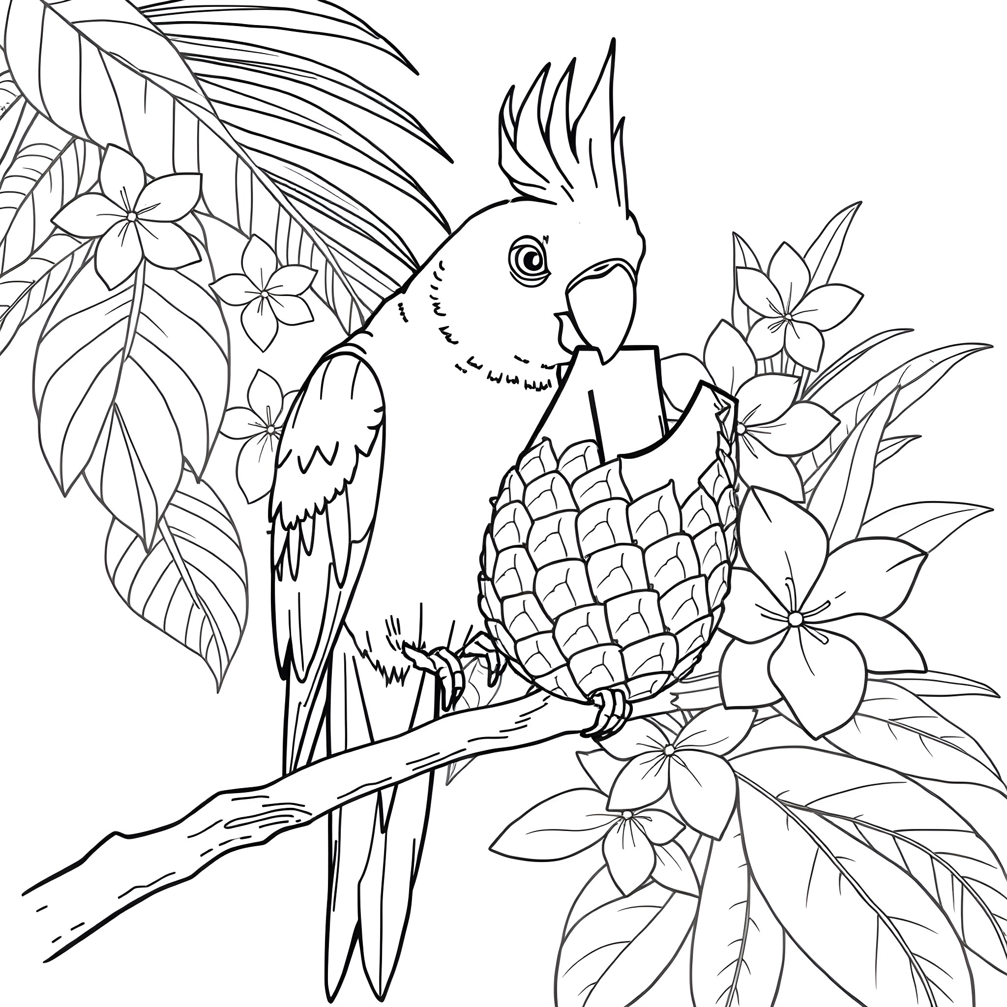 Parakeet perching on branch with tropical flowers Coloring Page (free black-and-white line drawing printable PDF for all, from beginners to advanced learners, including children, teens, adults, and seniors)