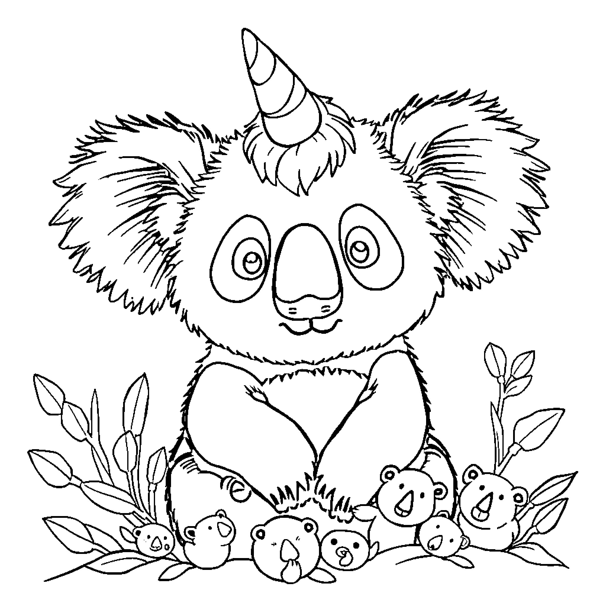 Panda with baby pandas in nature Coloring Page (free black-and-white line drawing printable PDF for all, from beginners to advanced learners, including children, teens, adults, and seniors)