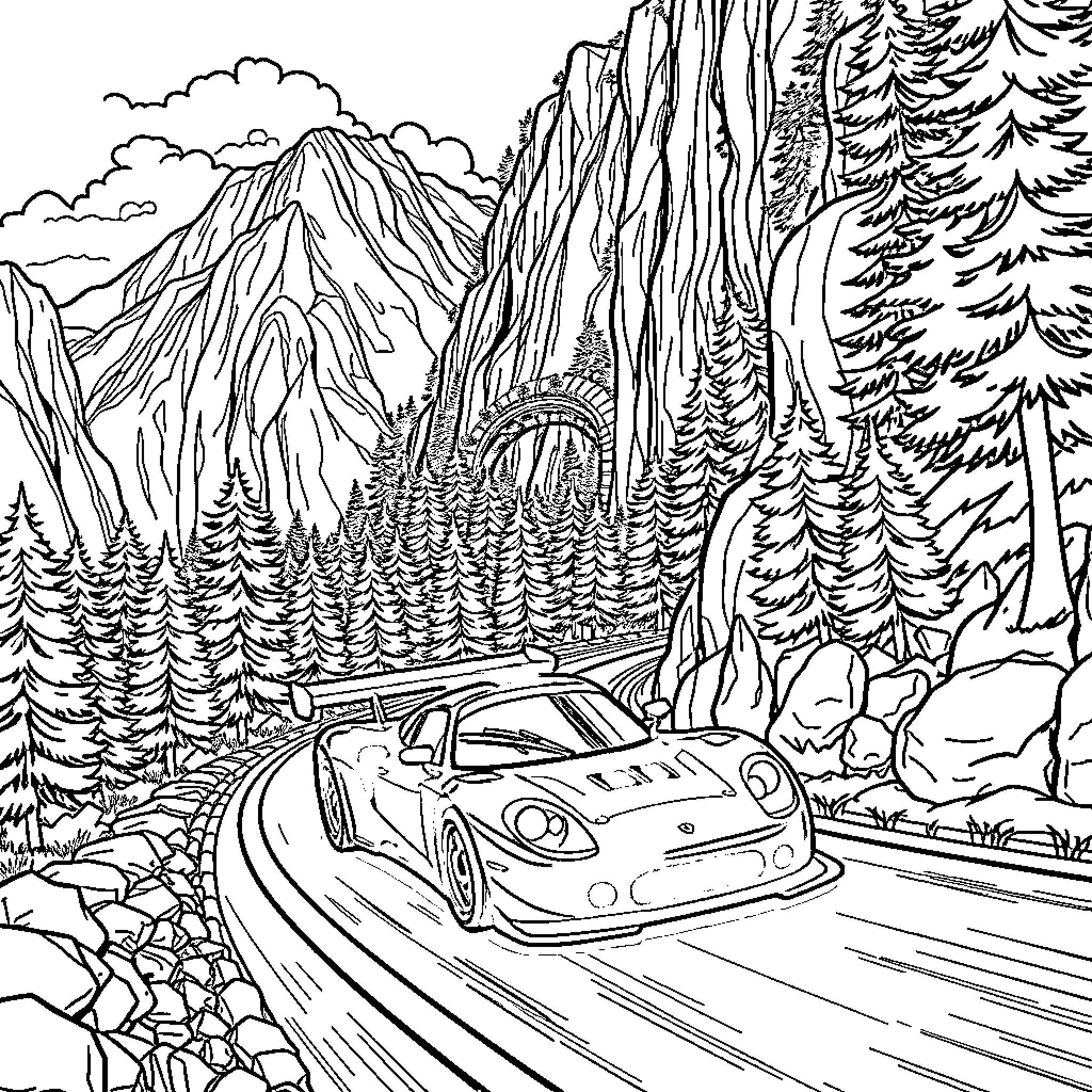Racecar driving through rugged mountain landscape Coloring Page (free black-and-white line drawing printable PDF for all, from beginners to advanced learners, including children, teens, adults, and seniors)