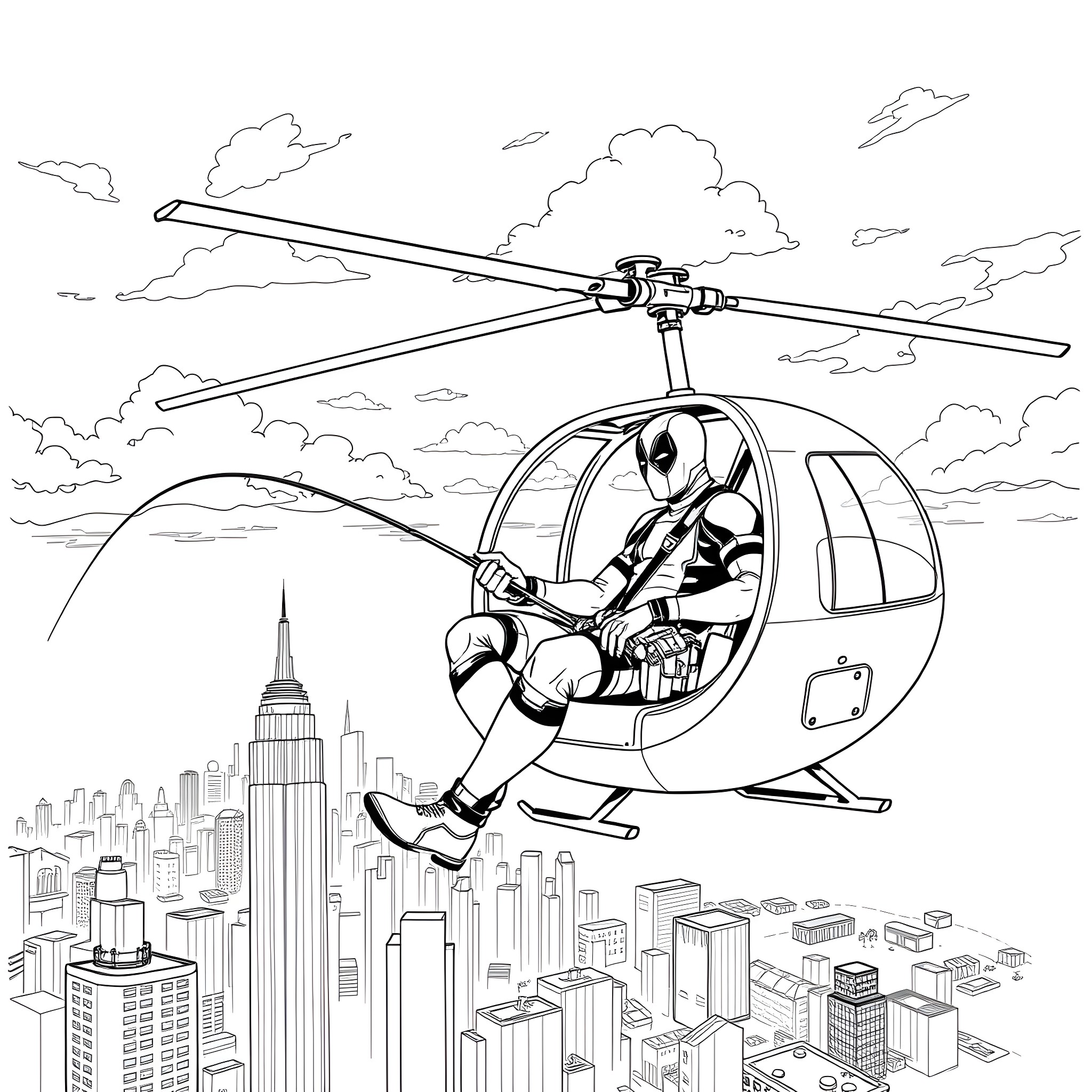 Deadpool flying through the city in a helicopter Coloring Page (free black-and-white line drawing printable PDF for all, from beginners to advanced learners, including children, teens, adults, and seniors)