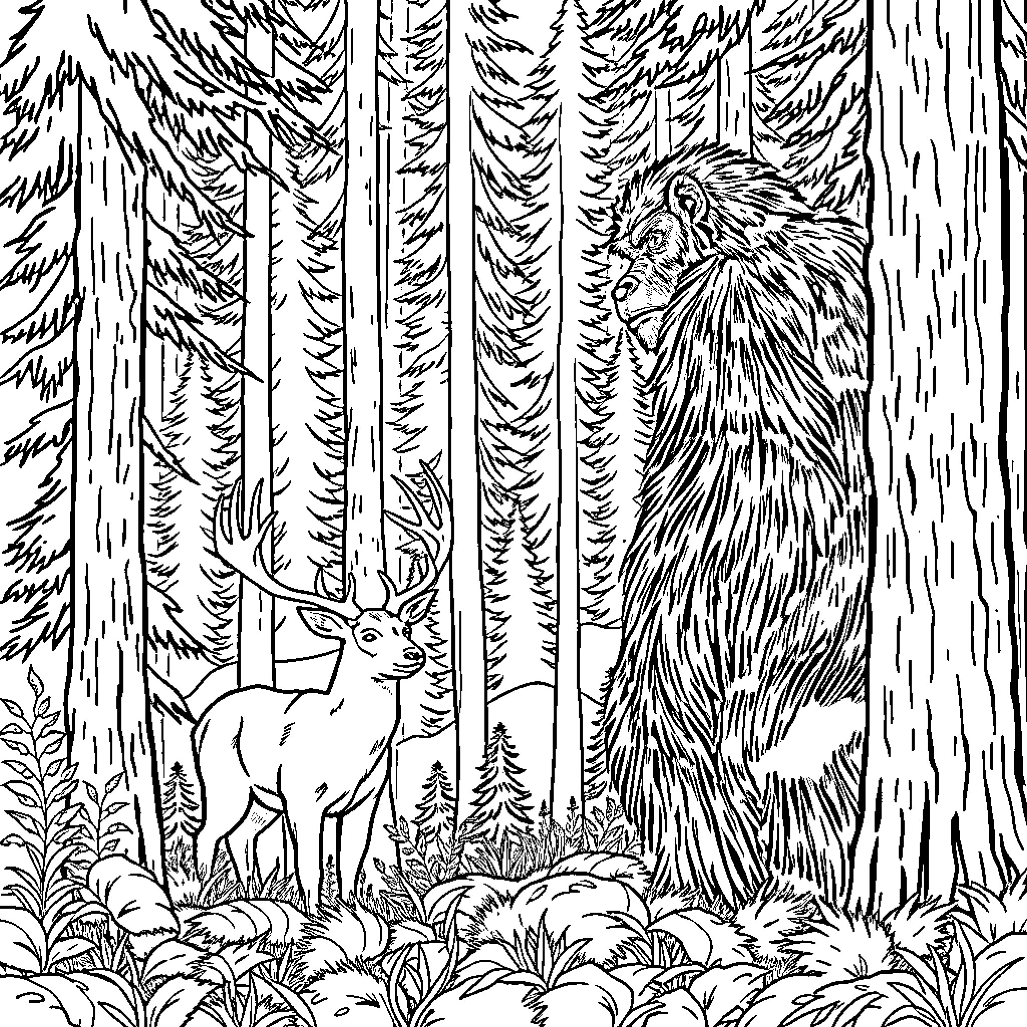 Sasquatch observing a deer in the forested wilderness Coloring Page (free black-and-white line drawing printable PDF for all, from beginners to advanced learners, including children, teens, adults, and seniors)