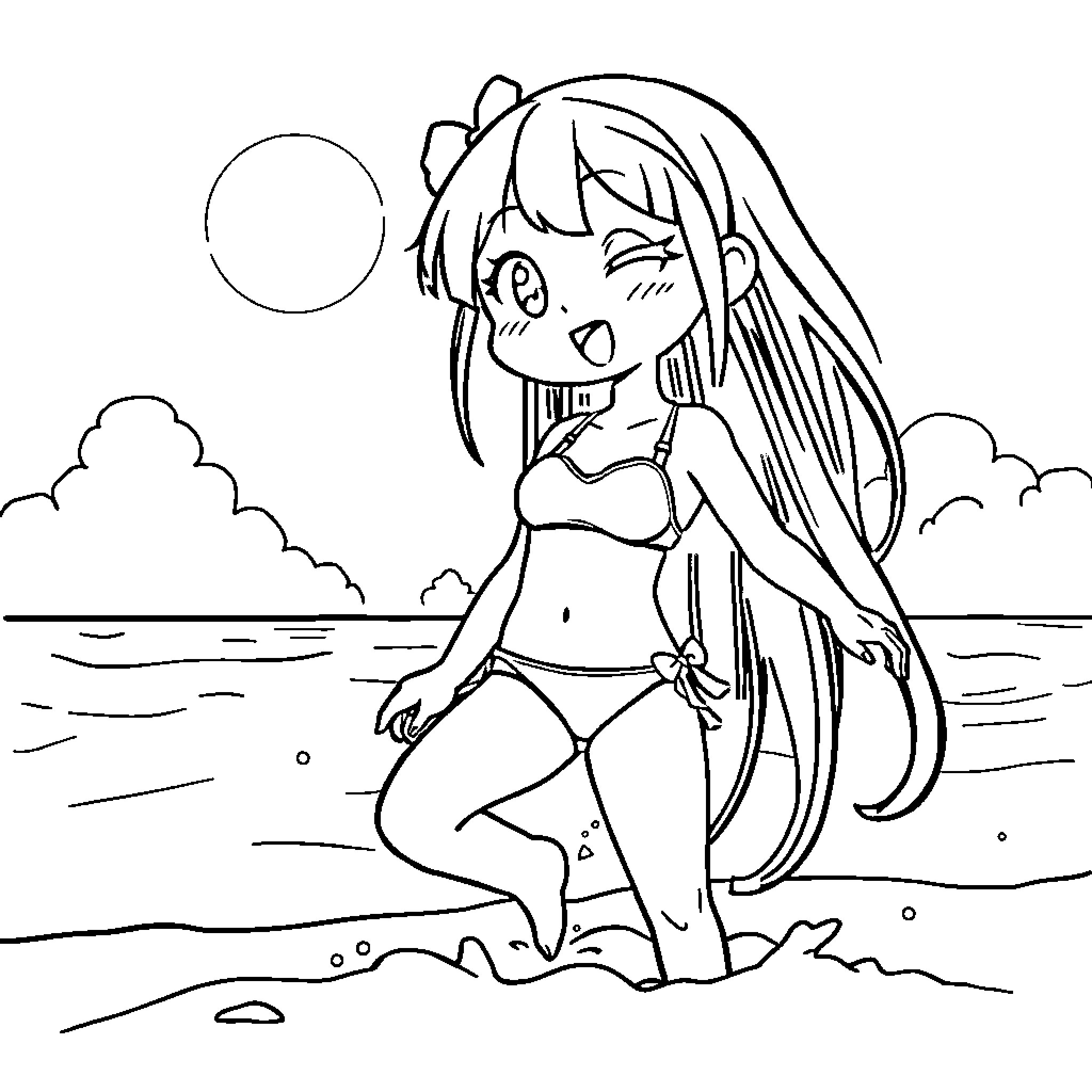 Kuromi playing by the beach Coloring Page (free black-and-white line drawing printable PDF for all, from beginners to advanced learners, including children, teens, adults, and seniors)