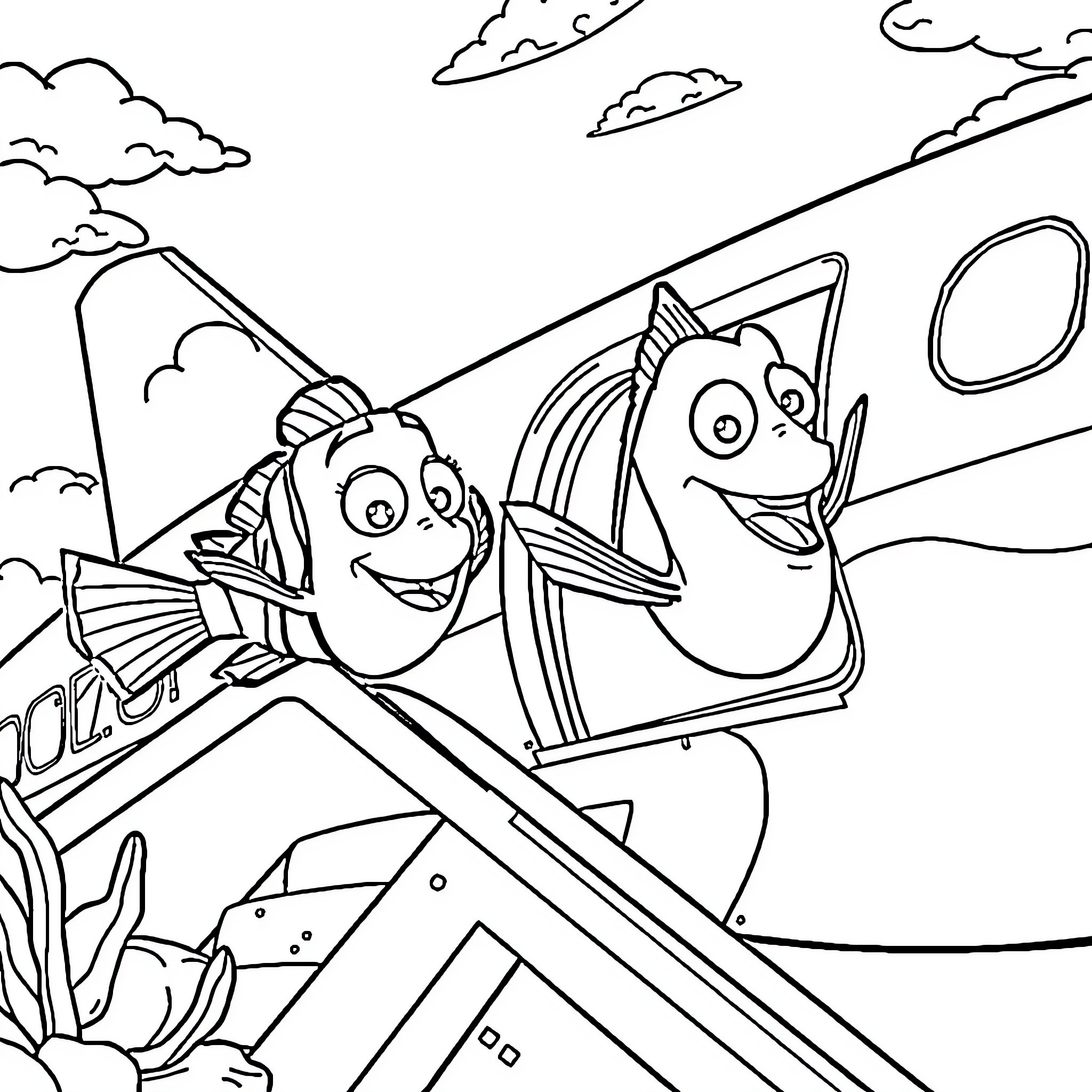 Nemo and Dory exploring the underwater world Coloring Page (free black-and-white line drawing printable PDF for all, from beginners to advanced learners, including children, teens, adults, and seniors)