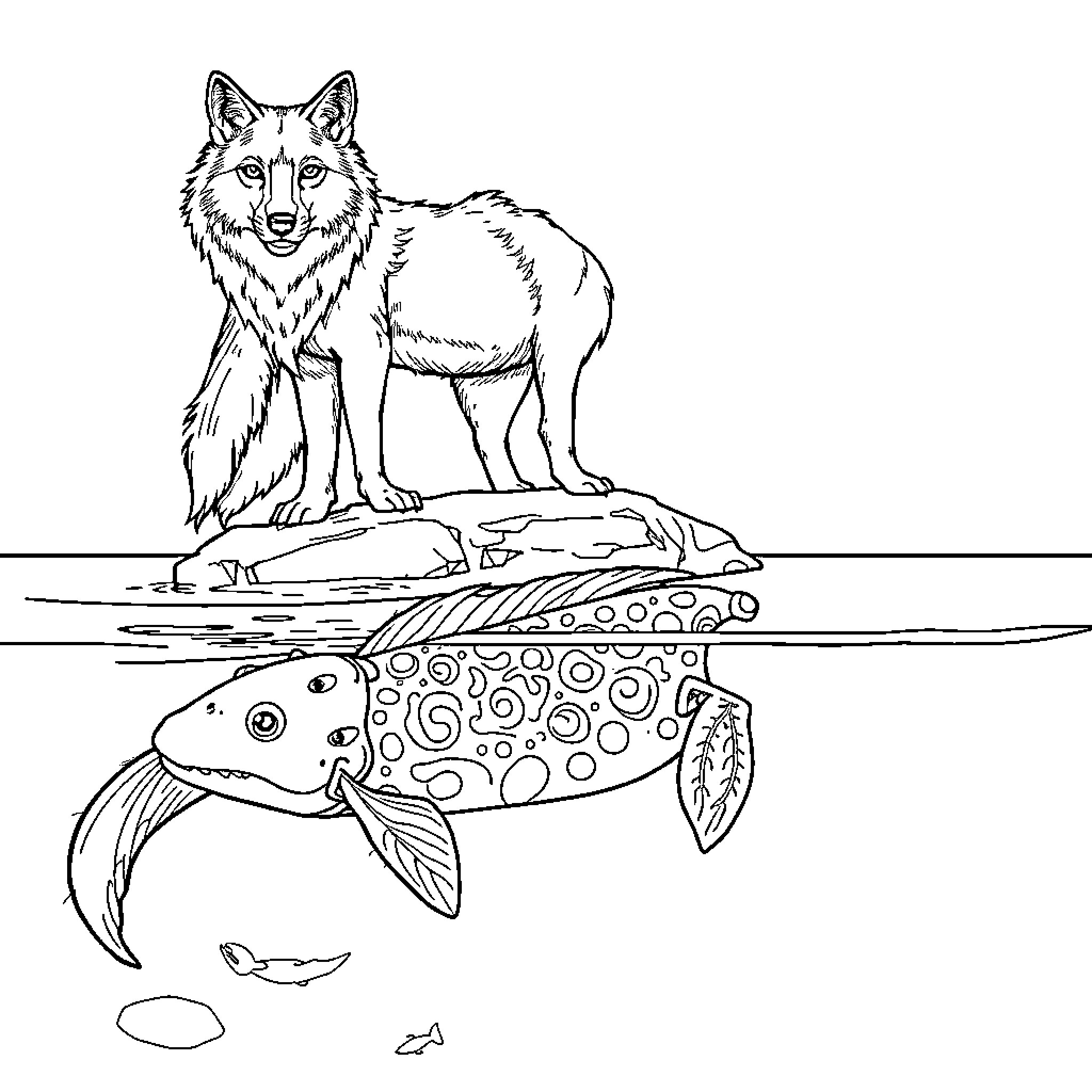 Axolotl swimming with a curious fox Coloring Page (free black-and-white line drawing printable PDF for all, from beginners to advanced learners, including children, teens, adults, and seniors)