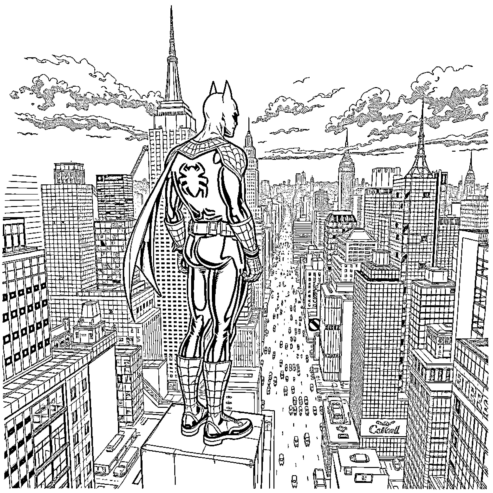 Batman surveying the cityscape from a high vantage point Coloring Page (free black-and-white line drawing printable PDF for all, from beginners to advanced learners, including children, teens, adults, and seniors)
