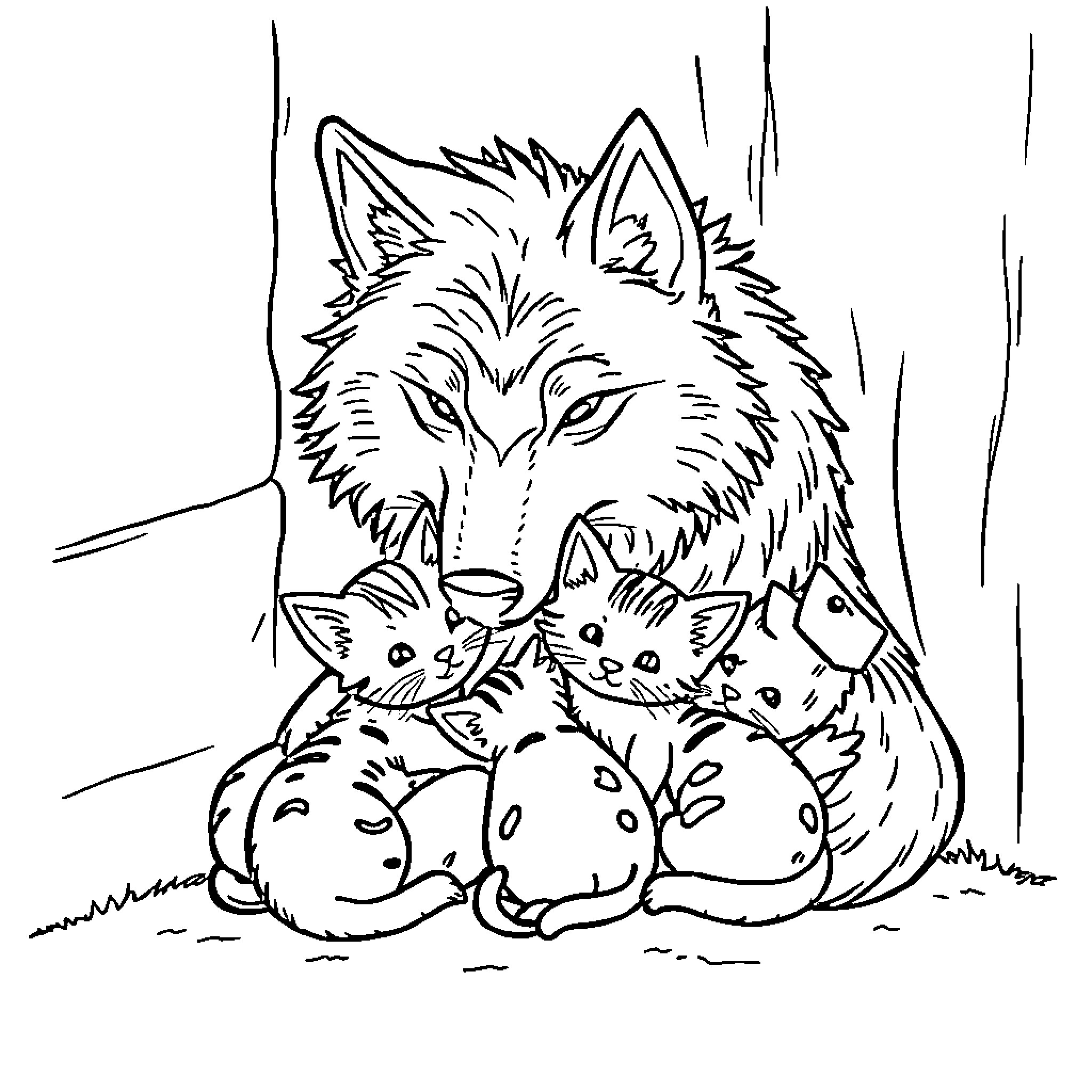 Wolf protecting her cubs in the wilderness Coloring Page (free black-and-white line drawing printable PDF for all, from beginners to advanced learners, including children, teens, adults, and seniors)