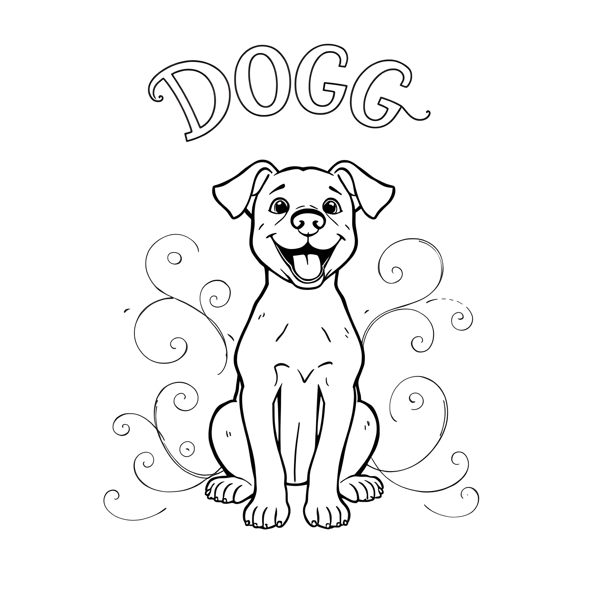 Dog sitting happily with swirls Coloring Page (free black-and-white line drawing printable PDF for all, from beginners to advanced learners, including children, teens, adults, and seniors)
