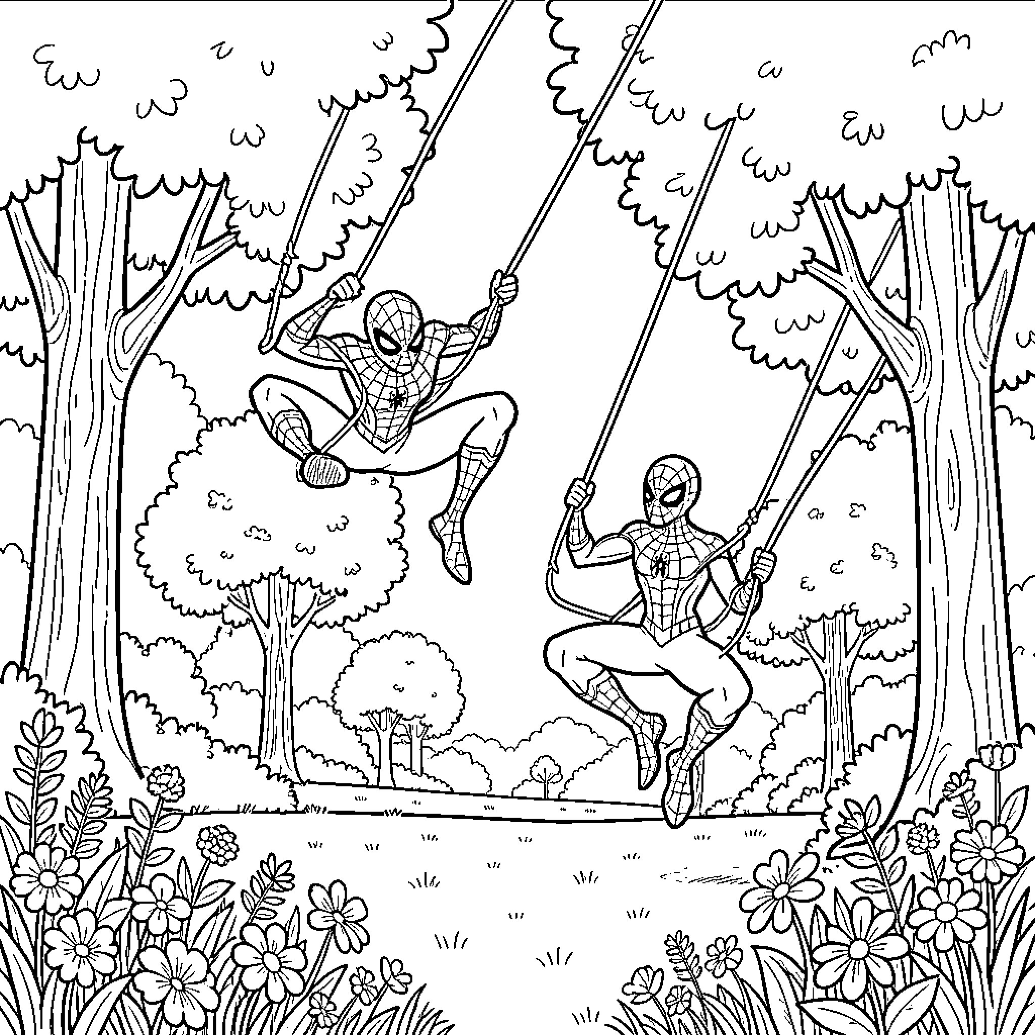 Spider-Men swinging through the forest Coloring Page (free black-and-white line drawing printable PDF for all, from beginners to advanced learners, including children, teens, adults, and seniors)