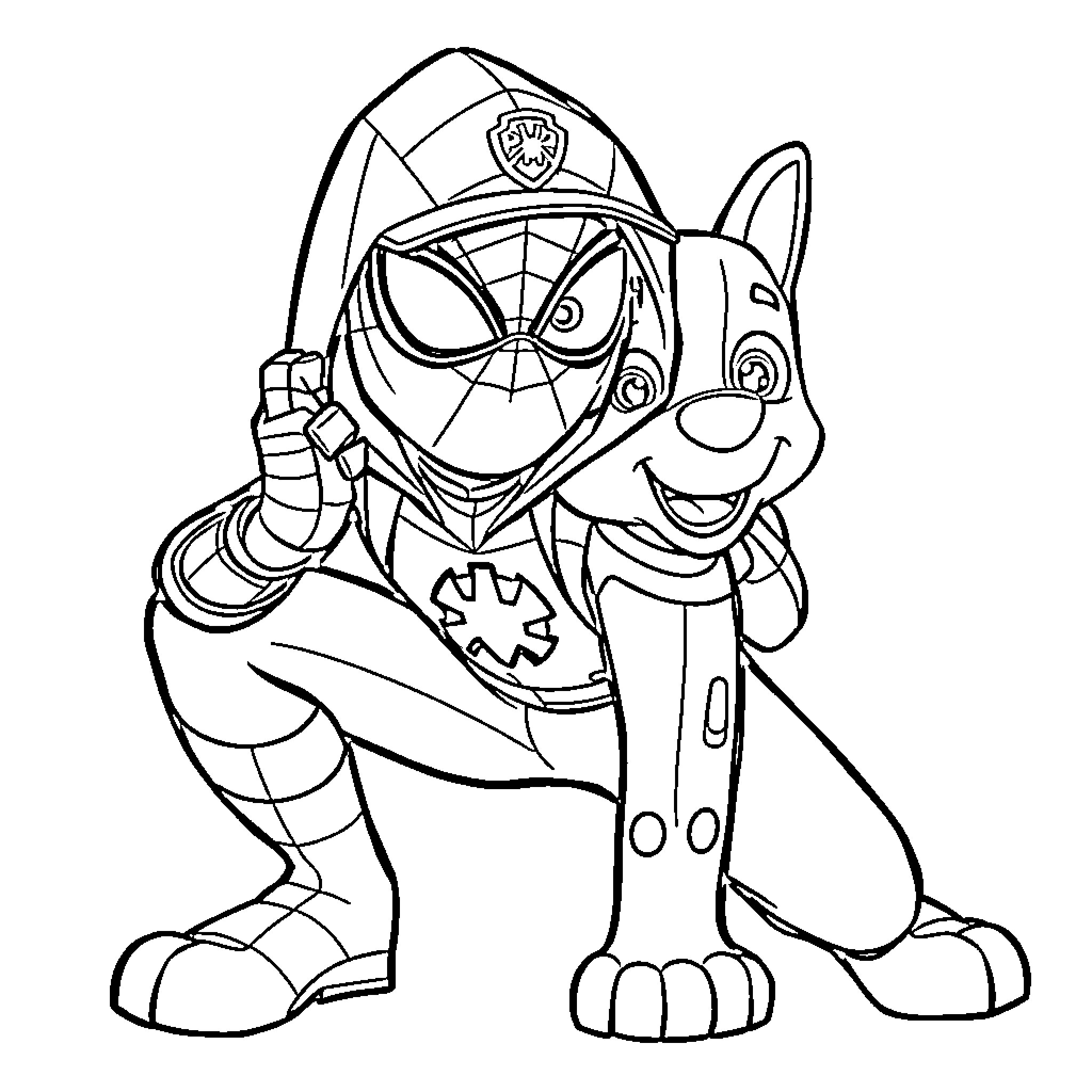 Spiderman-inspired dog in police uniform Coloring Page (free black-and-white line drawing printable PDF for all, from beginners to advanced learners, including children, teens, adults, and seniors)