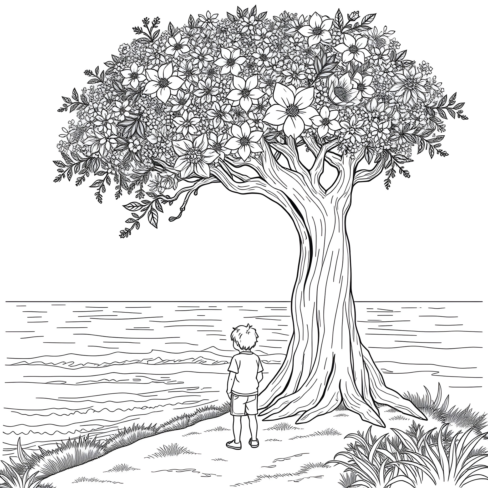 Girl admiring the blooming flower tree Coloring Page (free black-and-white line drawing printable PDF for all, from beginners to advanced learners, including children, teens, adults, and seniors)