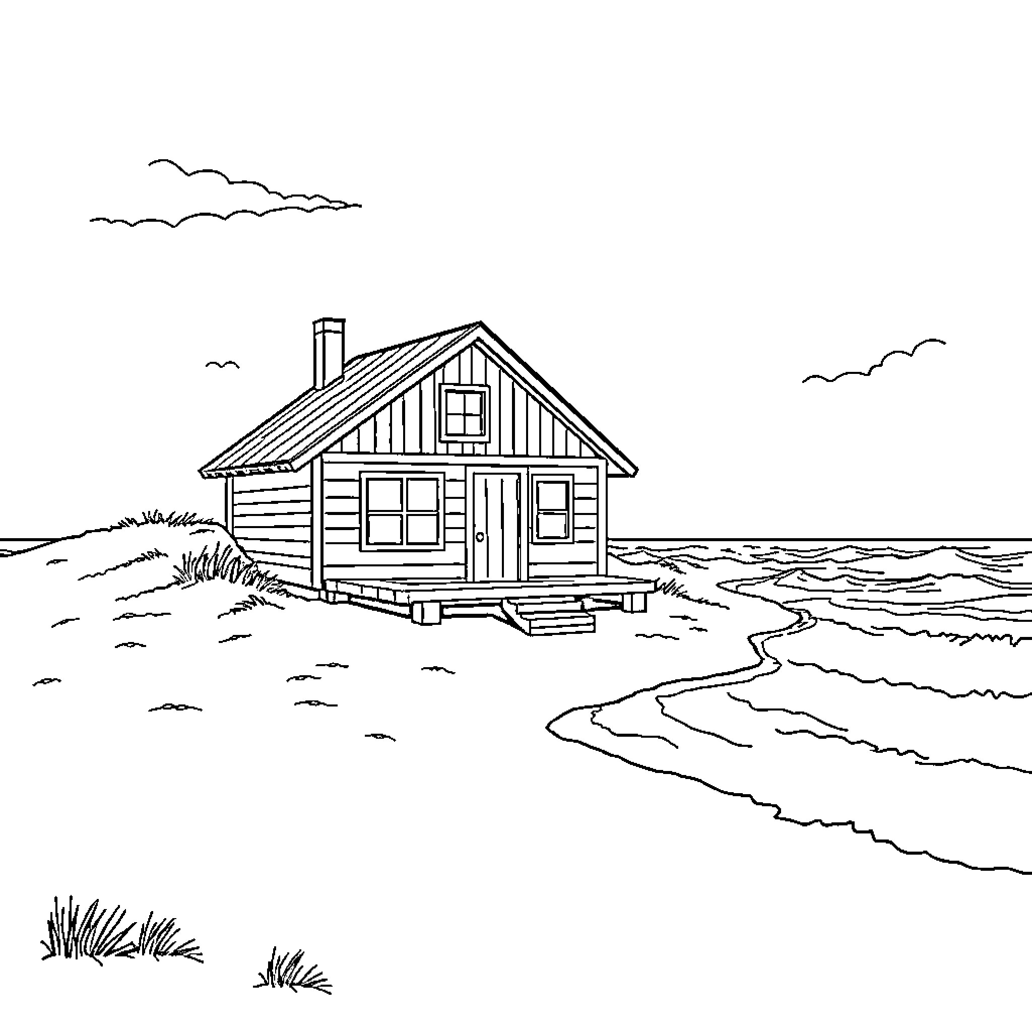 House by the Peaceful Beach Coloring Page (free black-and-white line drawing printable PDF for all, from beginners to advanced learners, including children, teens, adults, and seniors)