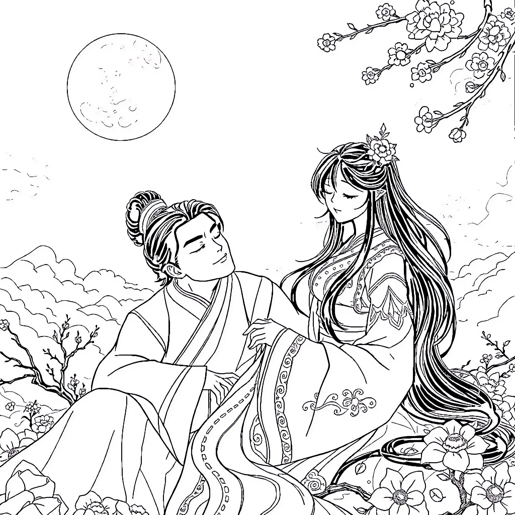 Lan Zhan and Wei Wuxian admiring the moonlit night Coloring Page (free black-and-white line drawing printable PDF for all, from beginners to advanced learners, including children, teens, adults, and seniors)