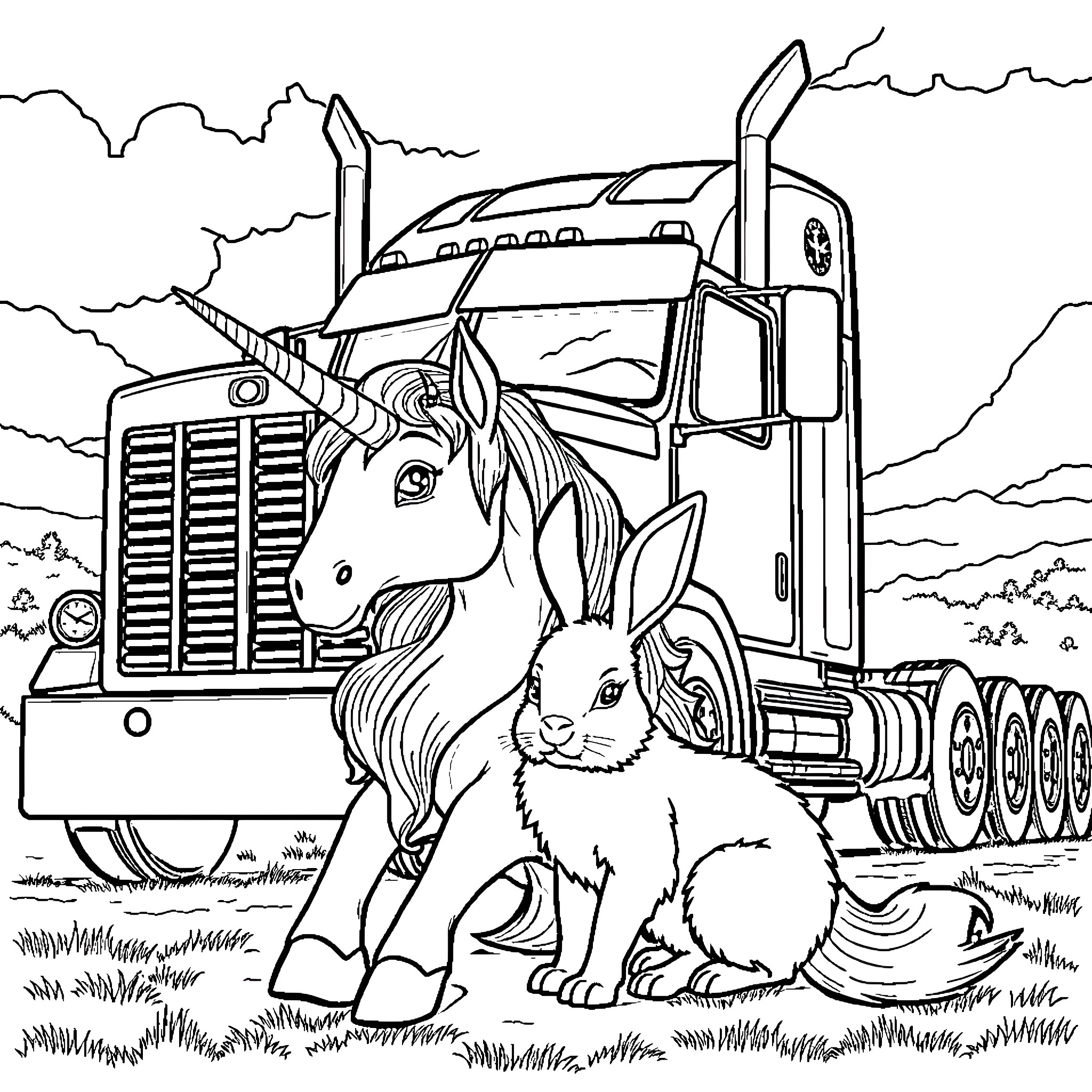 Unicorn and Rabbit Resting by Truck Coloring Page (free black-and-white line drawing printable PDF for all, from beginners to advanced learners, including children, teens, adults, and seniors)