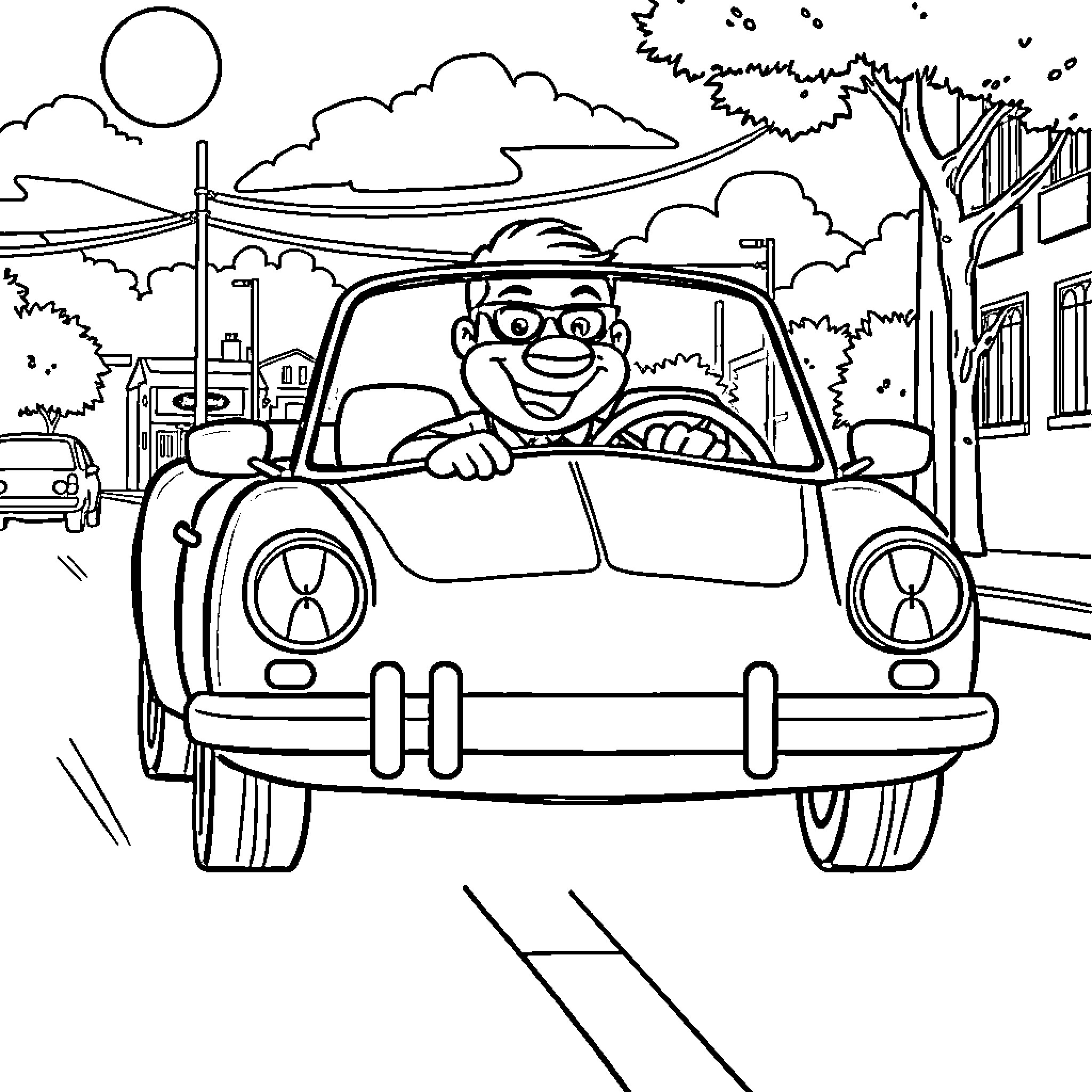 Hudson driving cheerfully in a small car Coloring Page (free black-and-white line drawing printable PDF for all, from beginners to advanced learners, including children, teens, adults, and seniors)