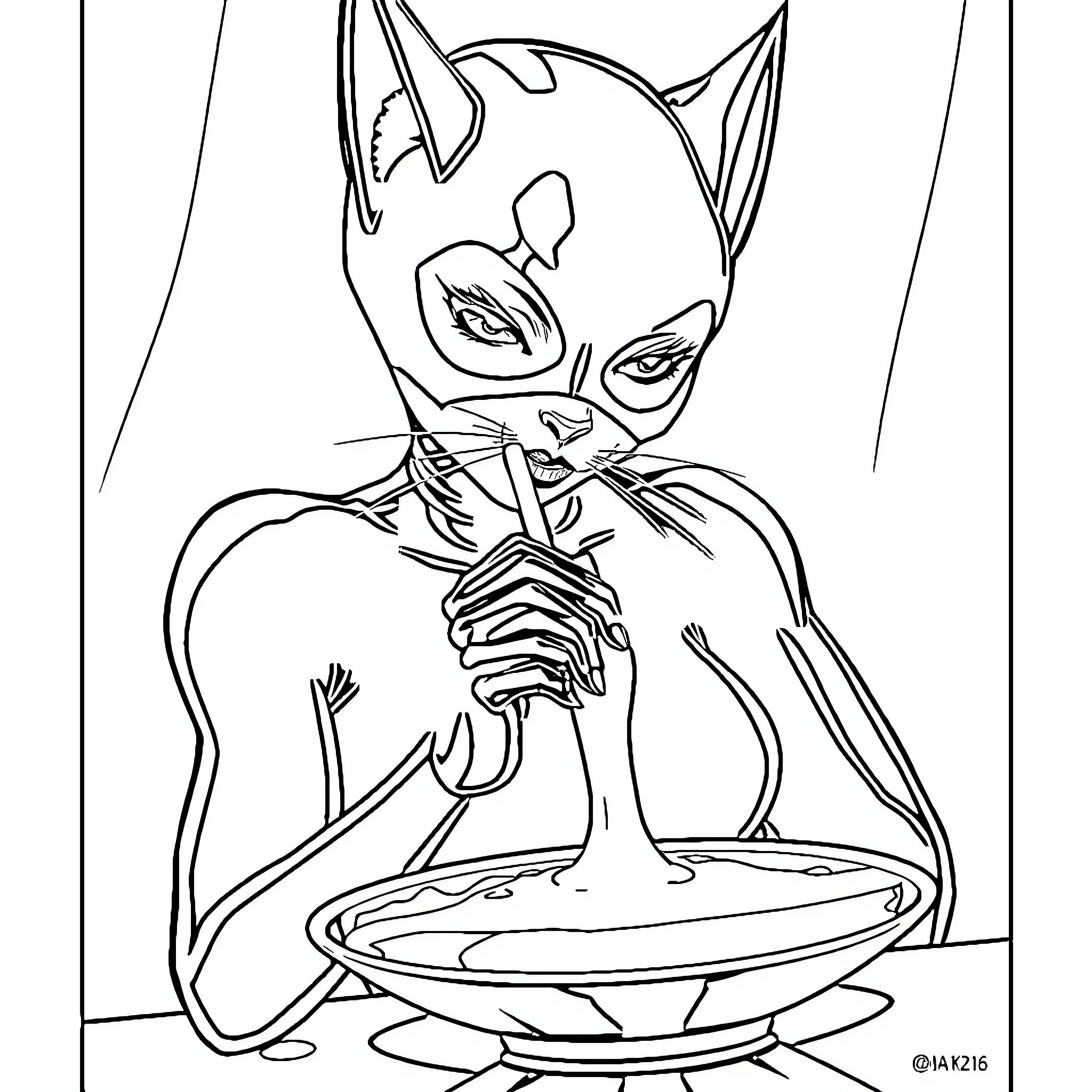 Catwoman depicted in monochromatic illustration Coloring Page (free black-and-white line drawing printable PDF for all, from beginners to advanced learners, including children, teens, adults, and seniors)