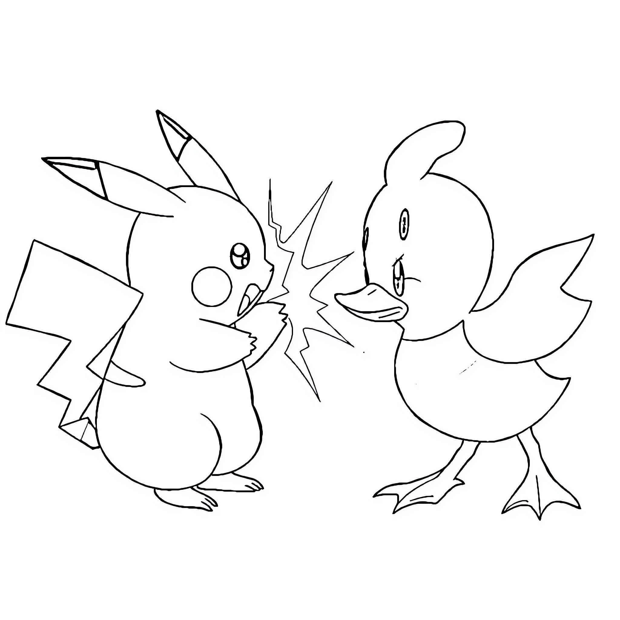 Pikachu engaging in a playful encounter Coloring Page (free black-and-white line drawing printable PDF for all, from beginners to advanced learners, including children, teens, adults, and seniors)