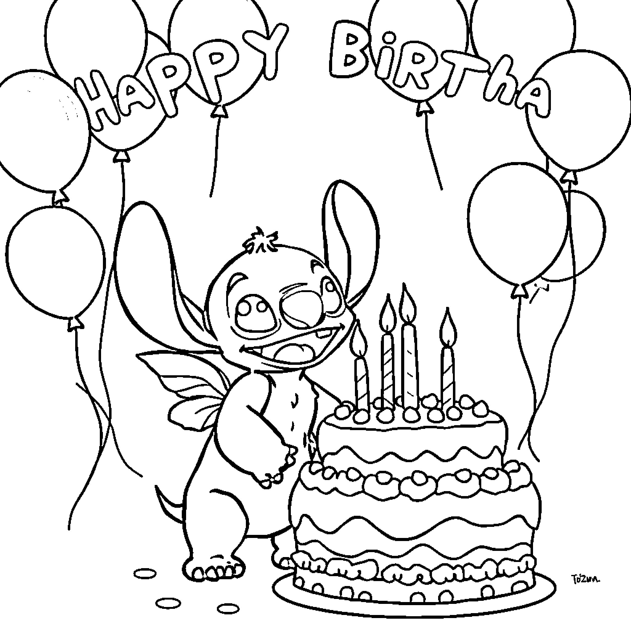 Stitch Celebrates a Happy Birthday with Balloons Coloring Page (free black-and-white line drawing printable PDF for all, from beginners to advanced learners, including children, teens, adults, and seniors)