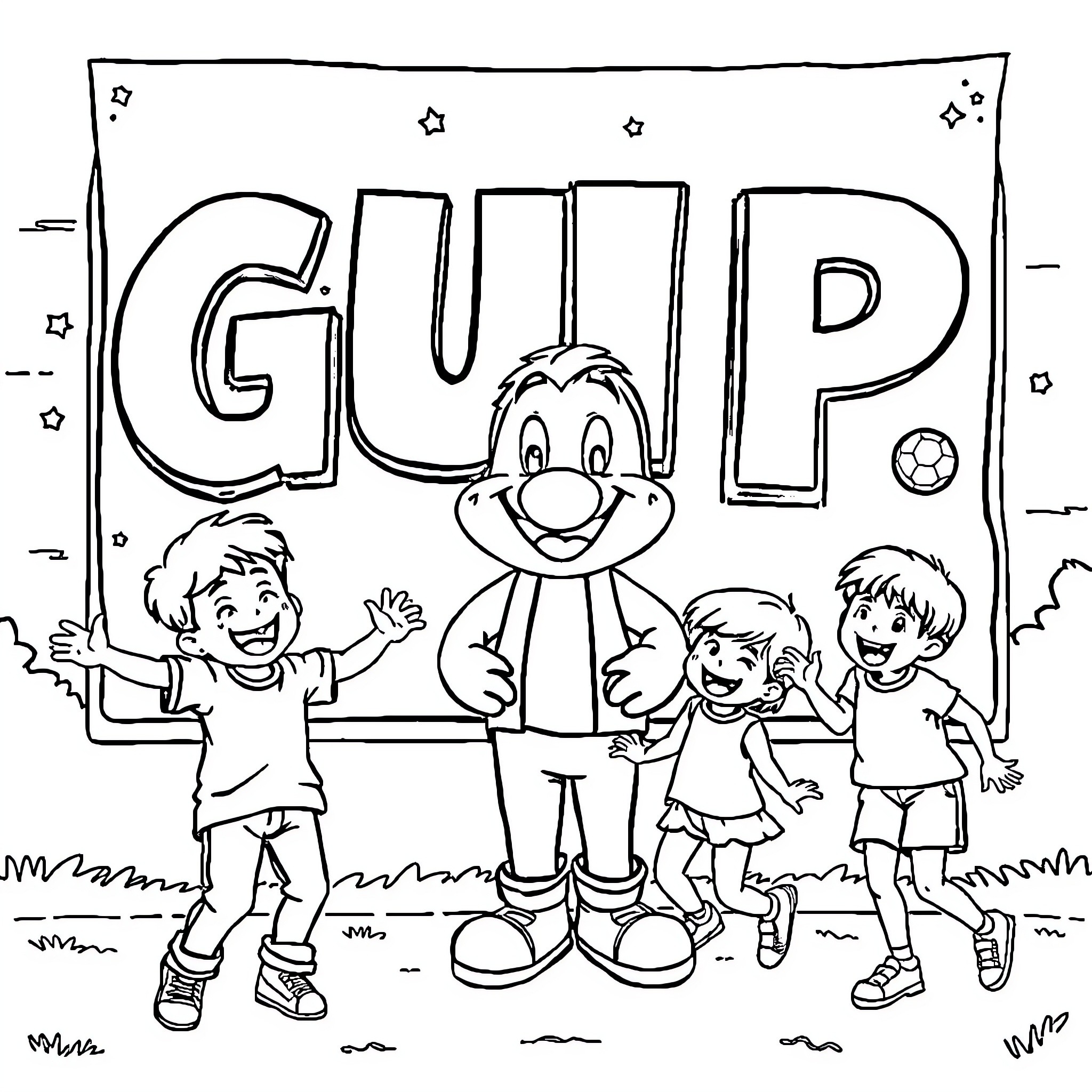 Enfant playing happily with friends outdoors Coloring Page (free black-and-white line drawing printable PDF for all, from beginners to advanced learners, including children, teens, adults, and seniors)