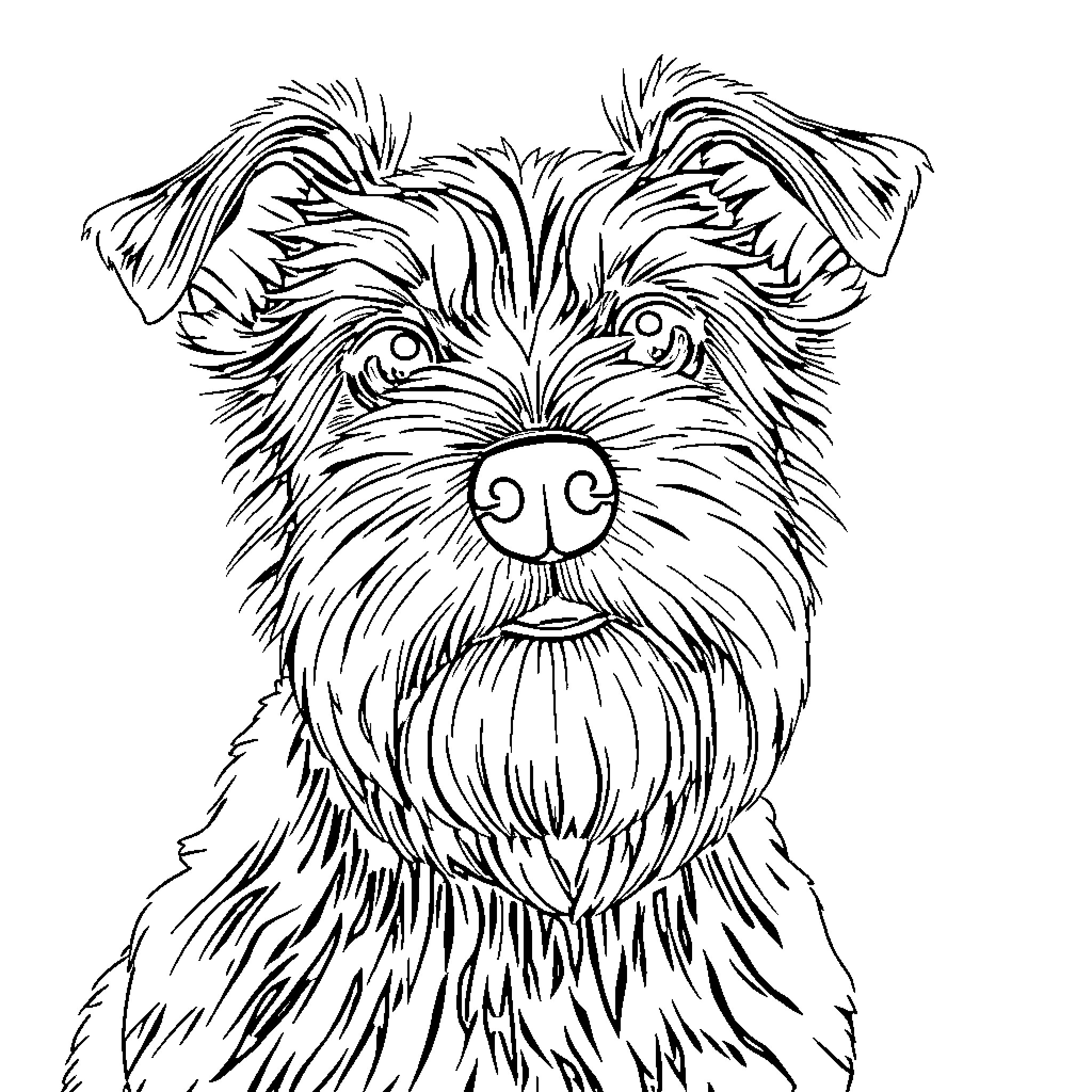 Boglean Terrier looking attentively at the viewer Coloring Page (free black-and-white line drawing printable PDF for all, from beginners to advanced learners, including children, teens, adults, and seniors)