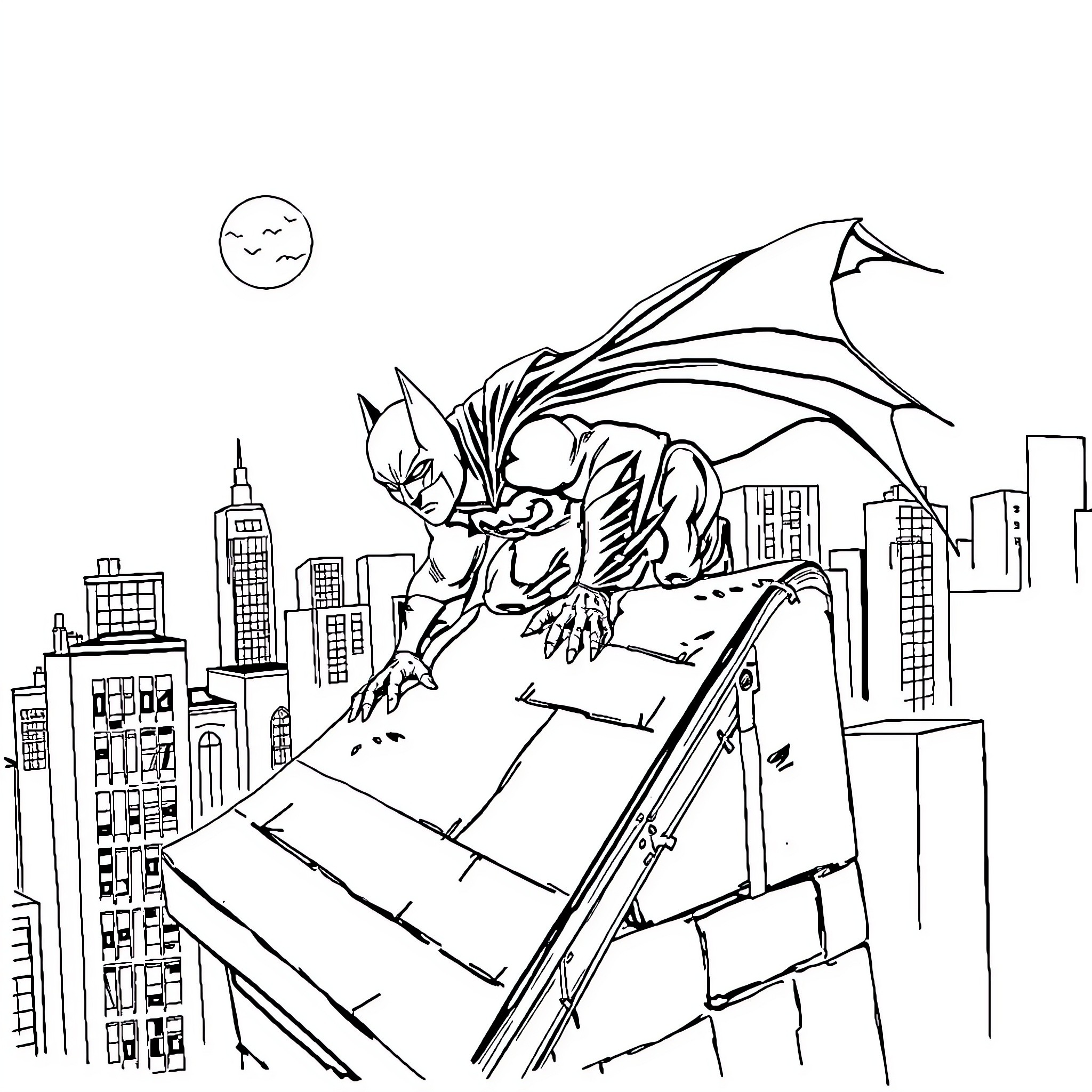 Batman soaring through the city skyline Coloring Page (free black-and-white line drawing printable PDF for all, from beginners to advanced learners, including children, teens, adults, and seniors)