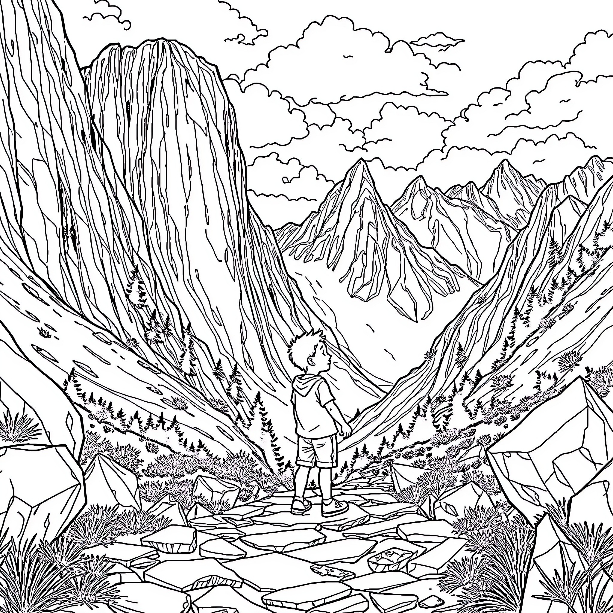 Boy Exploring Rugged Mountain Landscape Coloring Page (free black-and-white line drawing printable PDF for all, from beginners to advanced learners, including children, teens, adults, and seniors)