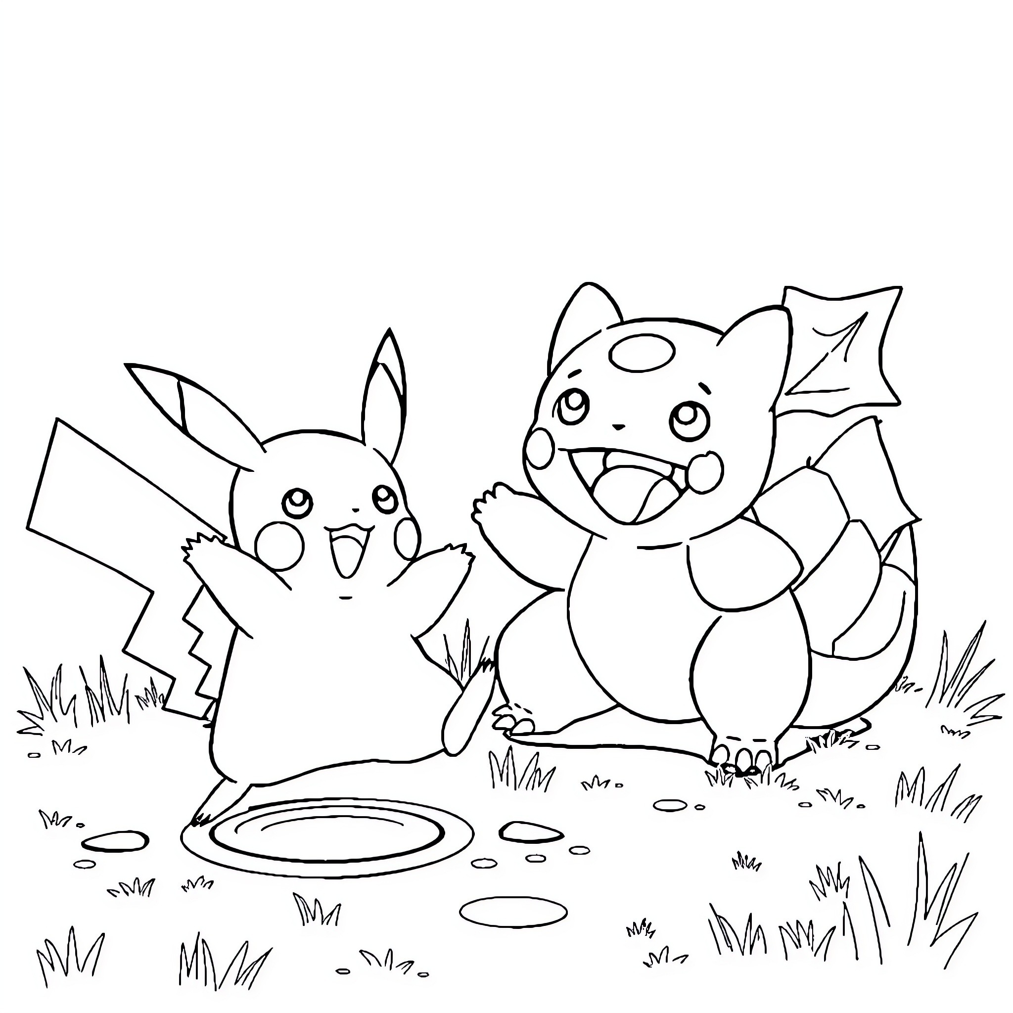 Pikachu and Jigglypuff playing happily in the grass Coloring Page (free black-and-white line drawing printable PDF for all, from beginners to advanced learners, including children, teens, adults, and seniors)