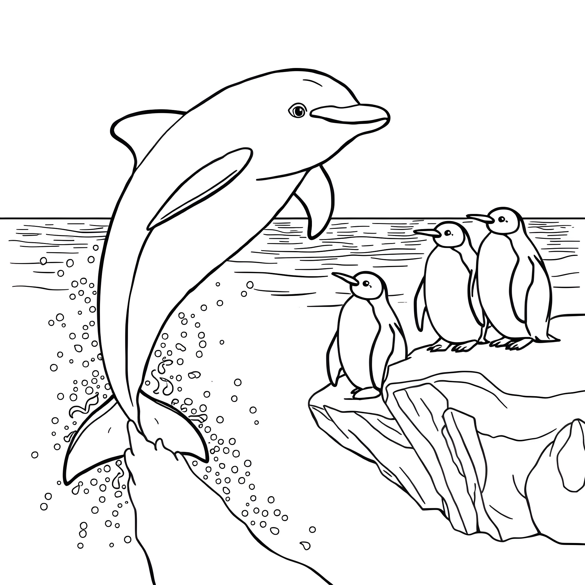 Dolphin swimming with penguins in the ocean Coloring Page (free black-and-white line drawing printable PDF for all, from beginners to advanced learners, including children, teens, adults, and seniors)