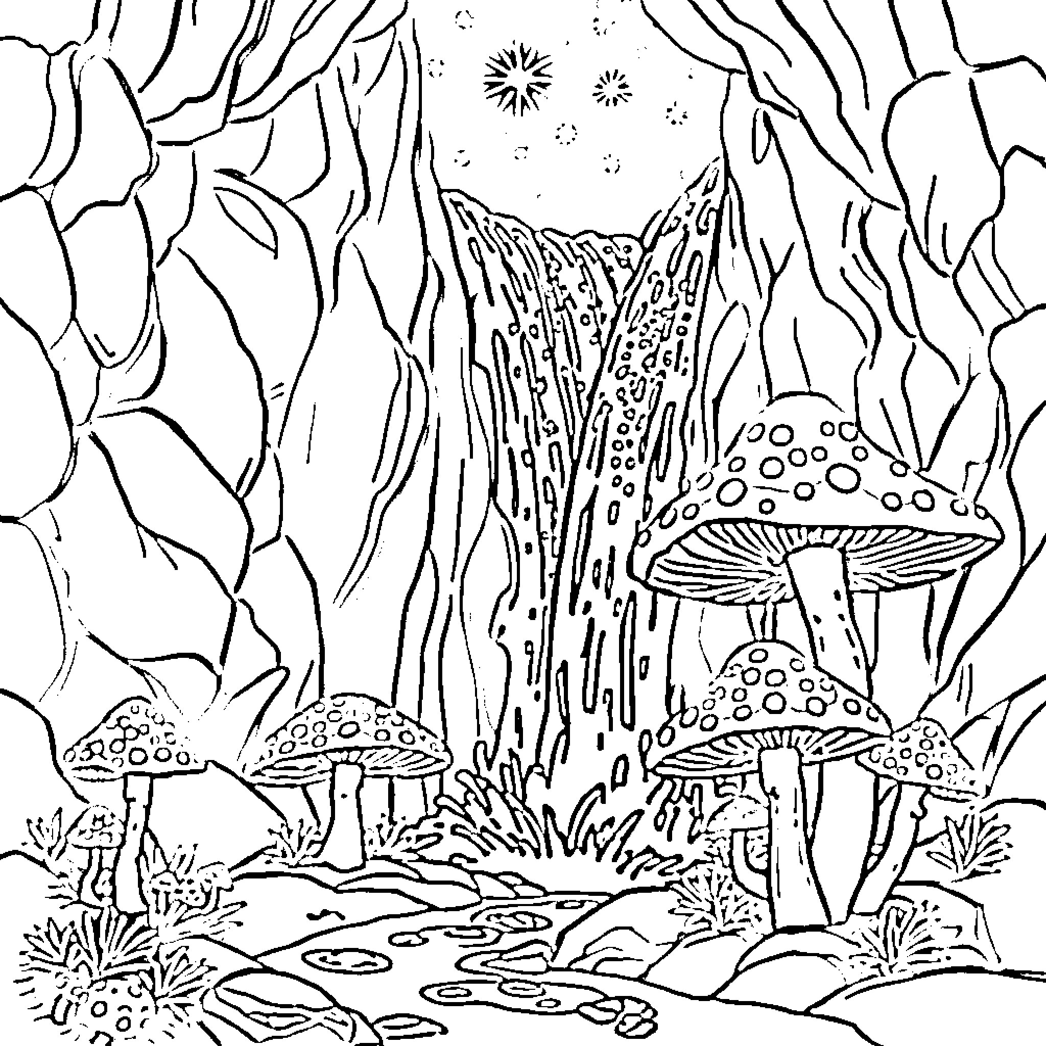 Mushroom Forest Wonderland Coloring Page (free black-and-white line drawing printable PDF for all, from beginners to advanced learners, including children, teens, adults, and seniors)