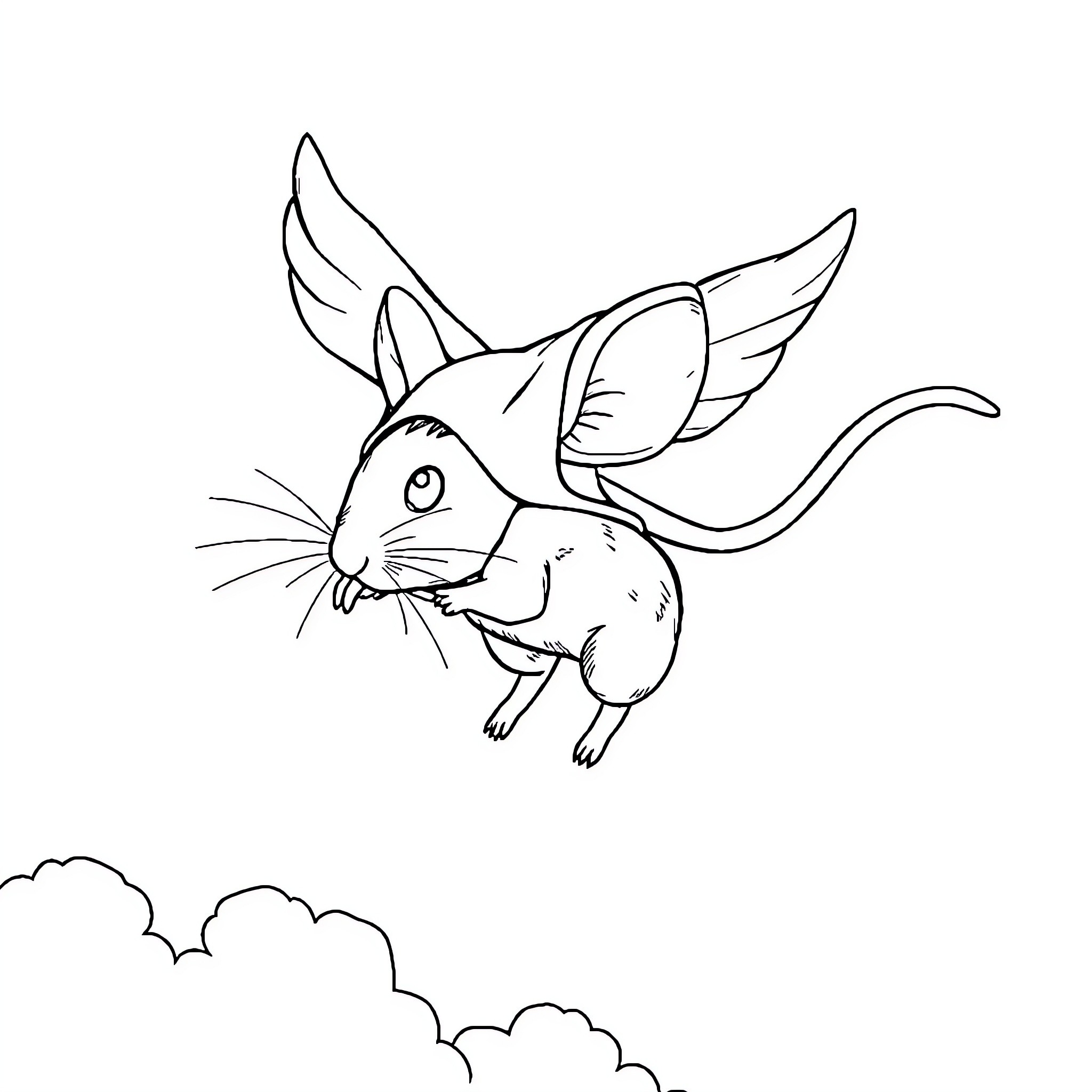 Mouse with wings soaring through the clouds Coloring Page (free black-and-white line drawing printable PDF for all, from beginners to advanced learners, including children, teens, adults, and seniors)