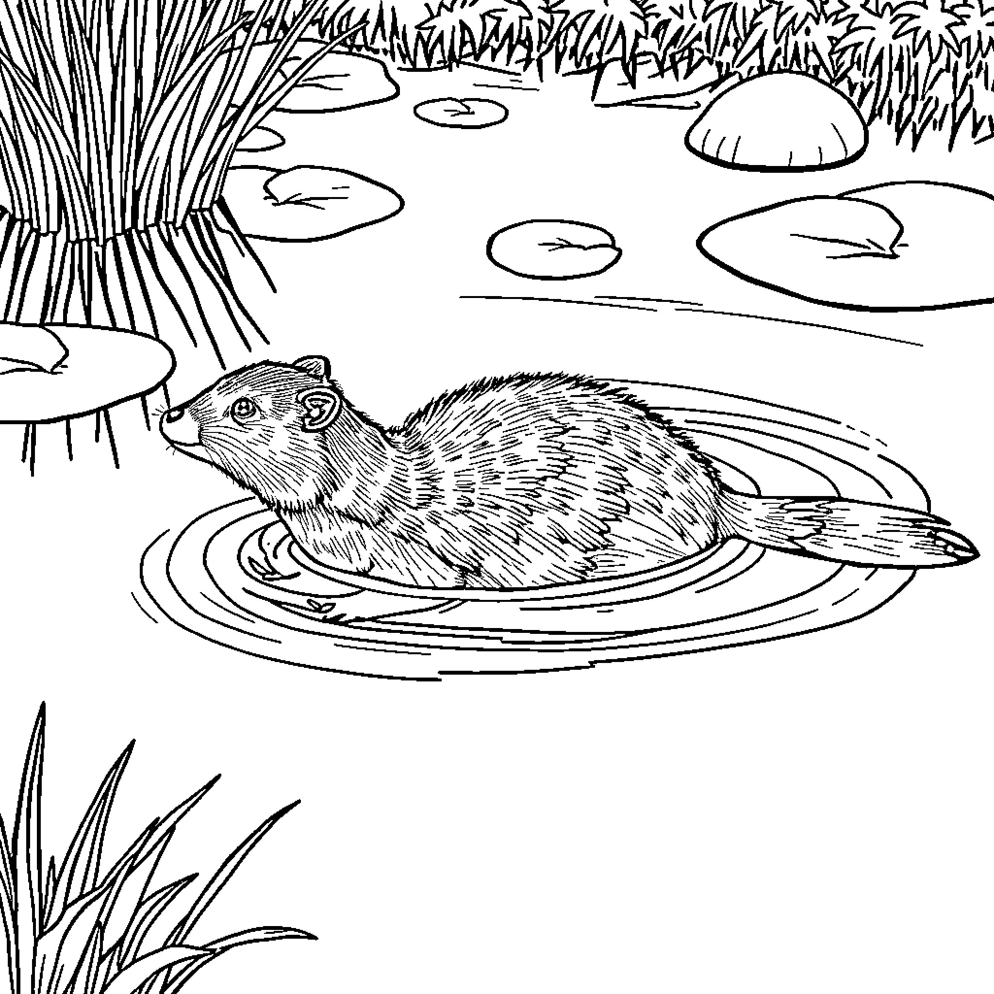 Nutria swimming in a natural pond Coloring Page (free black-and-white line drawing printable PDF for all, from beginners to advanced learners, including children, teens, adults, and seniors)
