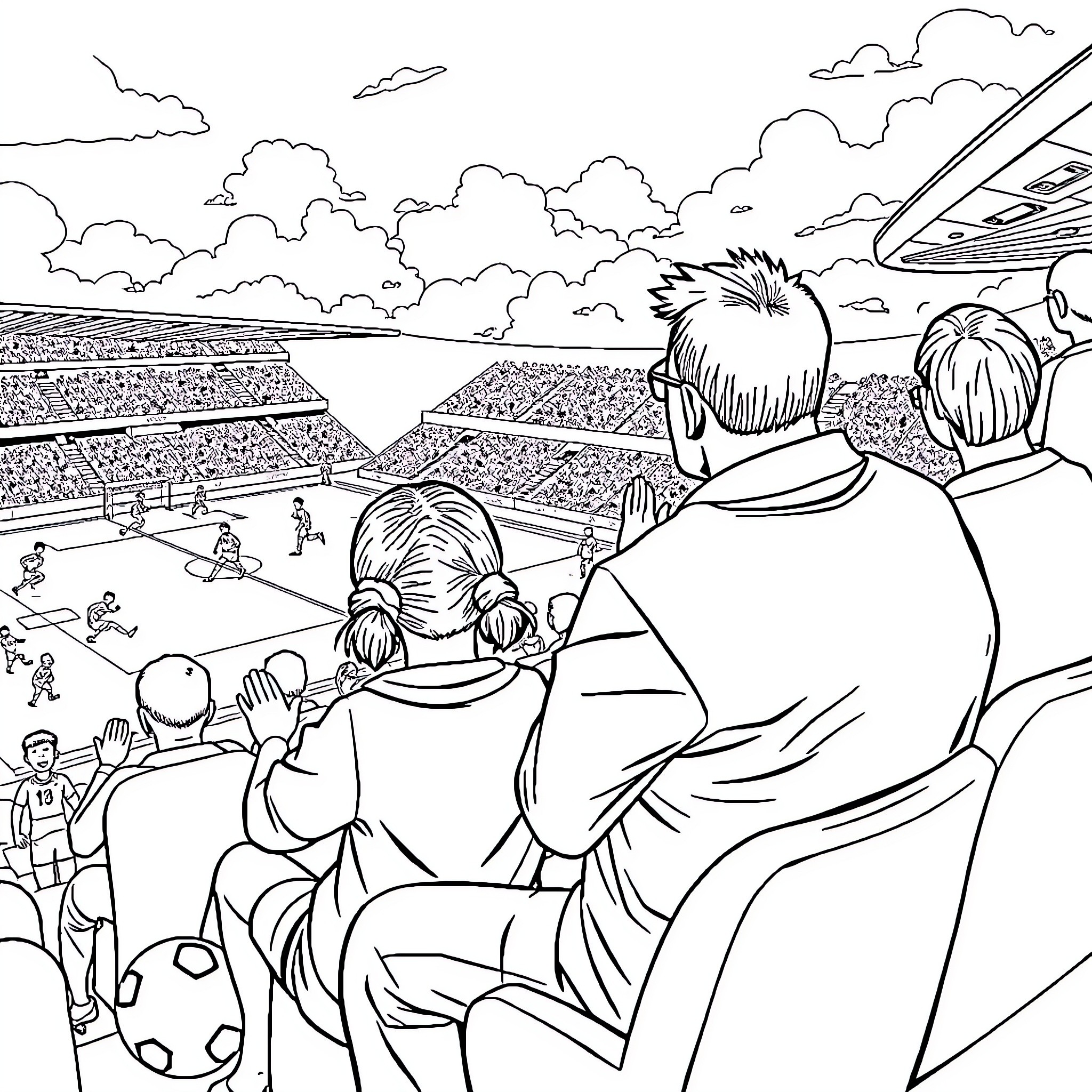 Daddy and kids watching sports game in stadium Coloring Page (free black-and-white line drawing printable PDF for all, from beginners to advanced learners, including children, teens, adults, and seniors)