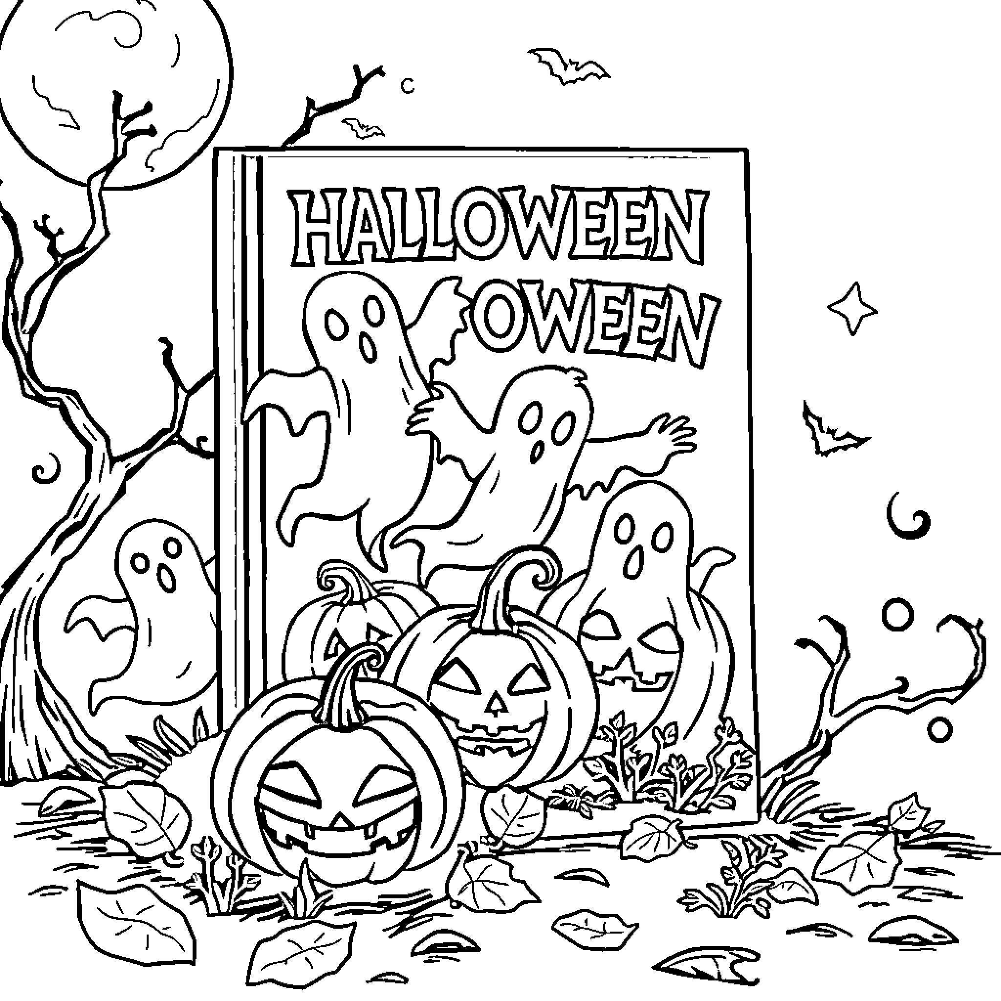 Halloween scene with pumpkins, ghosts and bats Coloring Page (free black-and-white line drawing printable PDF for all, from beginners to advanced learners, including children, teens, adults, and seniors)