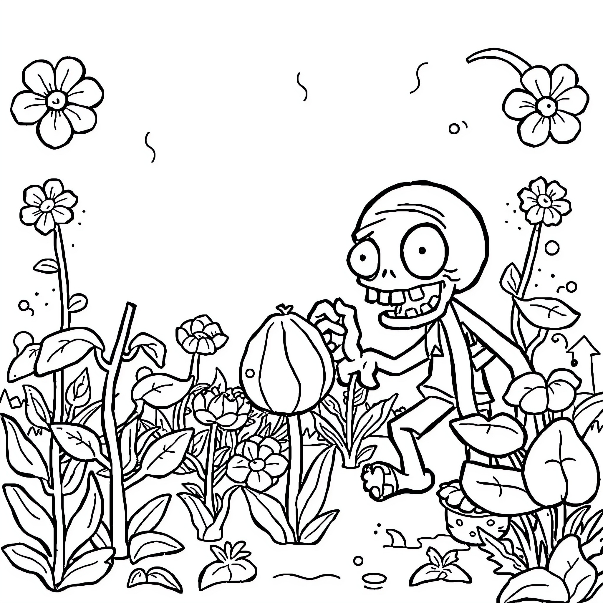 Plant cartoon figure exploring the garden Coloring Page (free black-and-white line drawing printable PDF for all, from beginners to advanced learners, including children, teens, adults, and seniors)