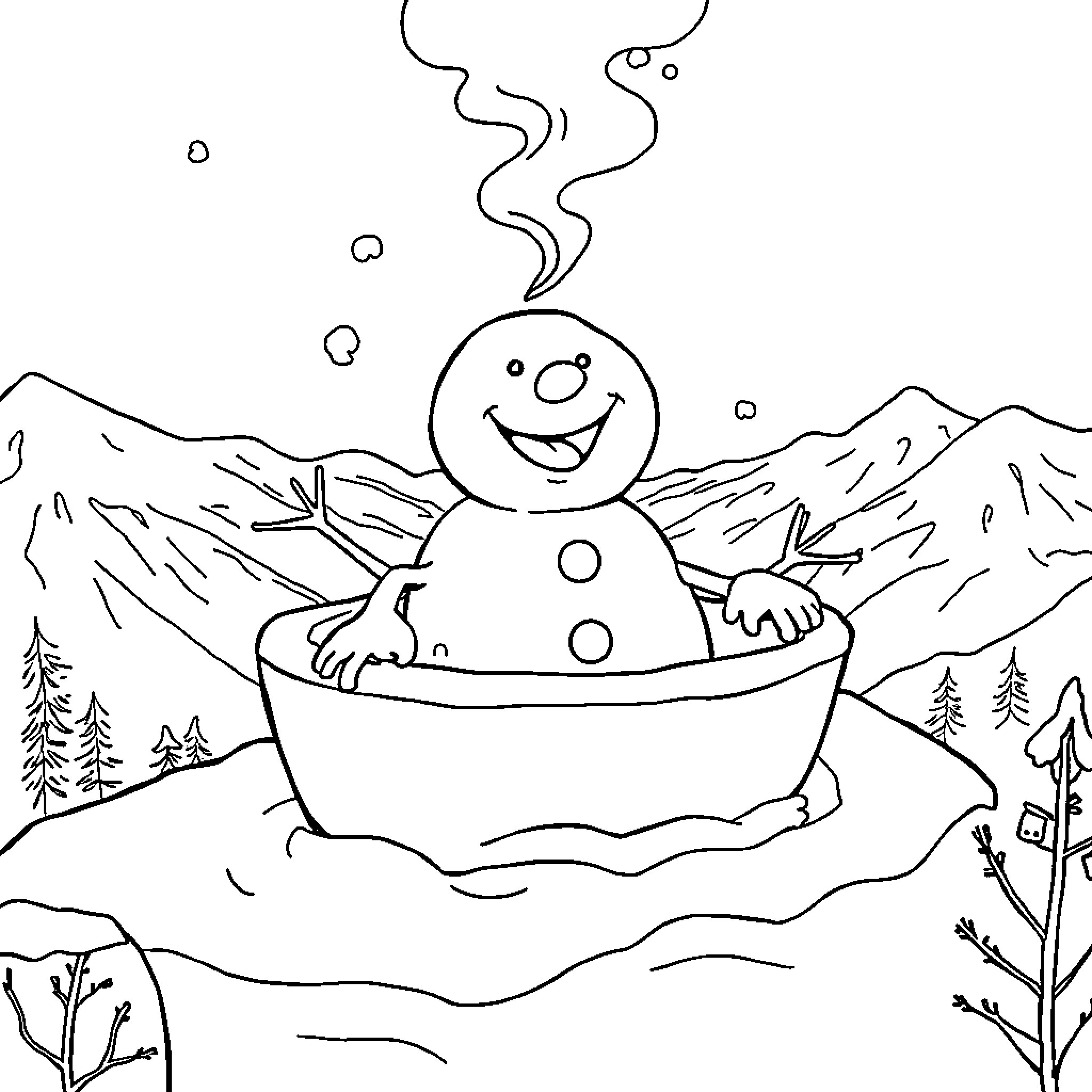 Snowman relaxing in a hot tub in snowy landscape Coloring Page (free black-and-white line drawing printable PDF for all, from beginners to advanced learners, including children, teens, adults, and seniors)