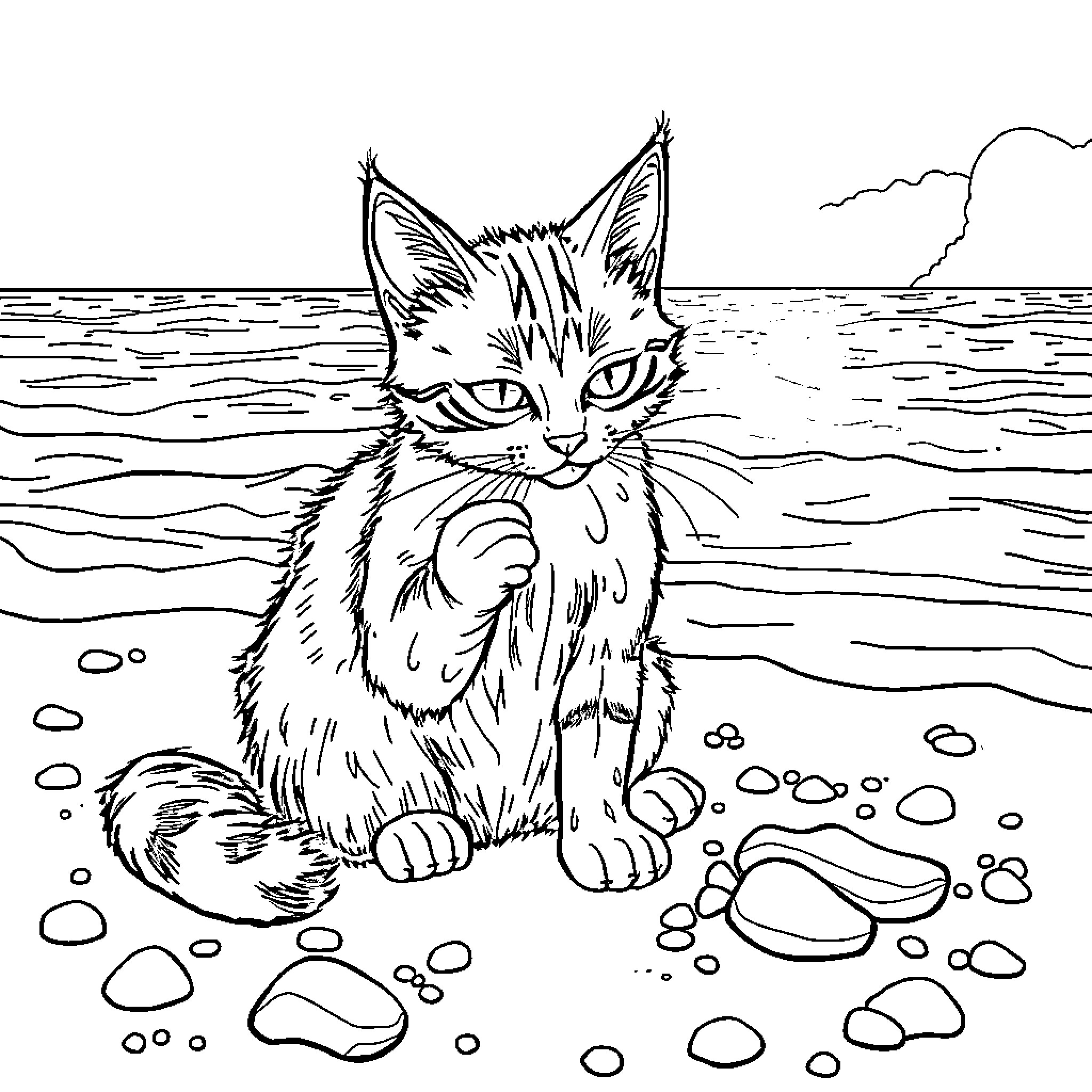 Cat exploring the beach Coloring Page (free black-and-white line drawing printable PDF for all, from beginners to advanced learners, including children, teens, adults, and seniors)