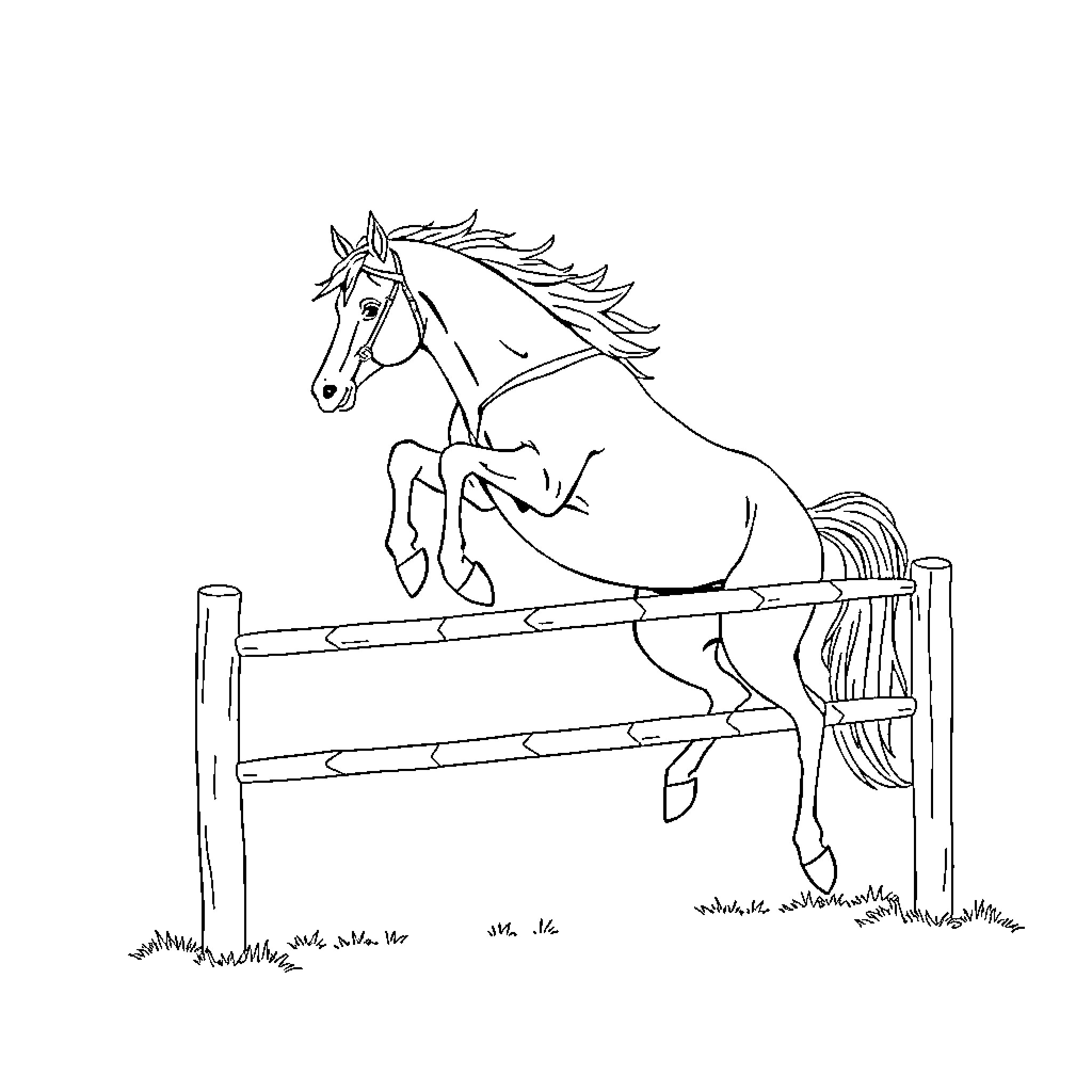 Horse jumping over fence in field Coloring Page (free black-and-white line drawing printable PDF for all, from beginners to advanced learners, including children, teens, adults, and seniors)
