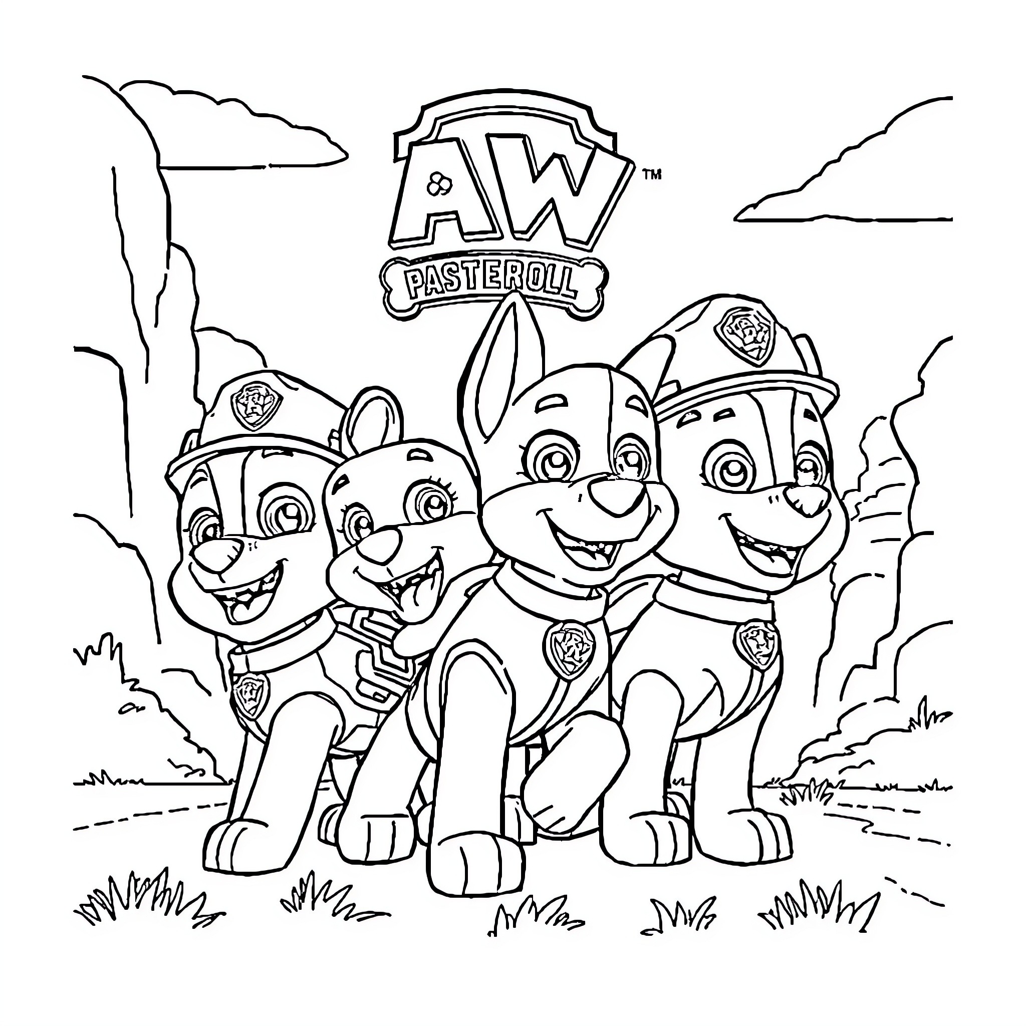 Paw Patrol pups on an adventure Coloring Page (free black-and-white line drawing printable PDF for all, from beginners to advanced learners, including children, teens, adults, and seniors)