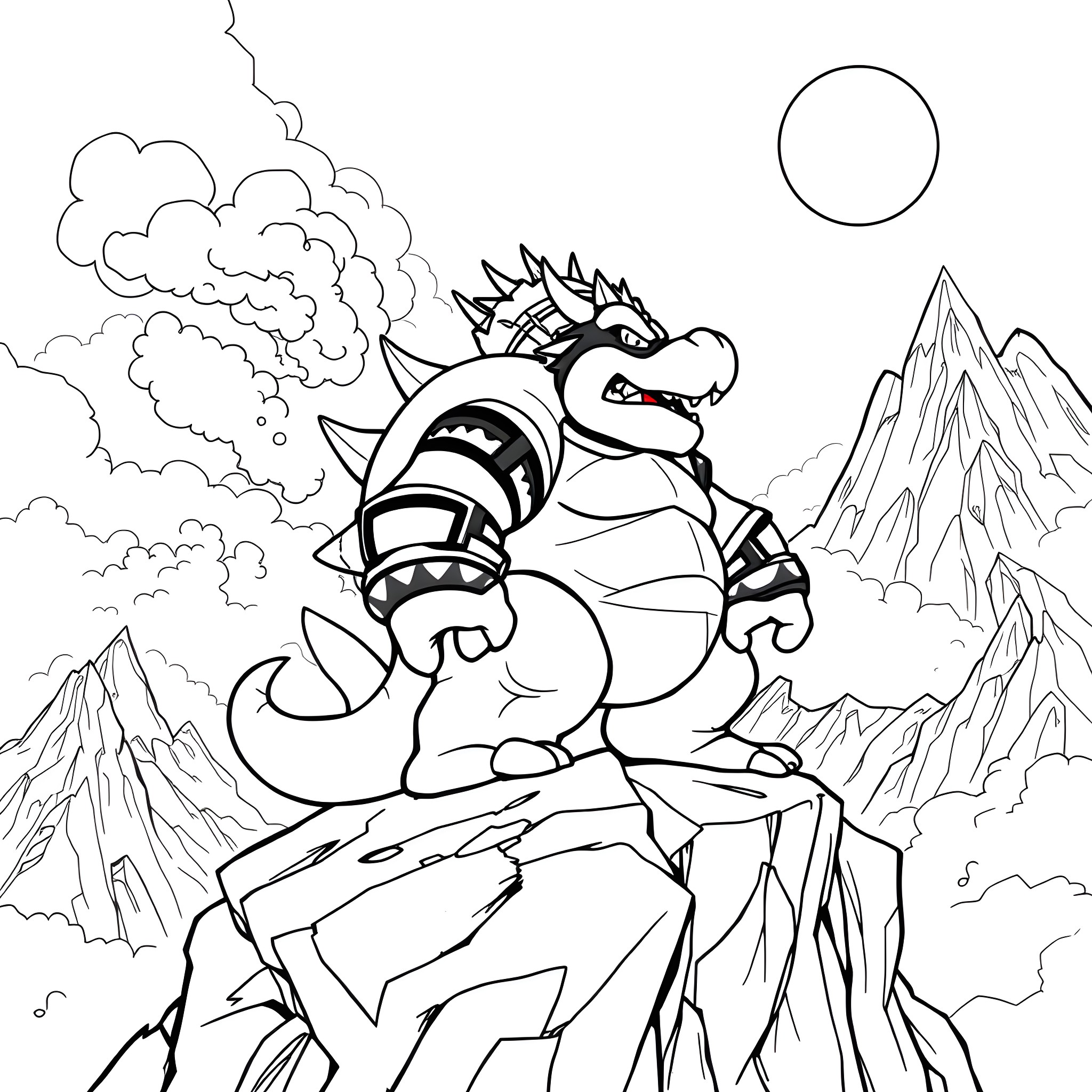 King Bowser Roaring Atop a Cliffside Coloring Page (free black-and-white line drawing printable PDF for all, from beginners to advanced learners, including children, teens, adults, and seniors)