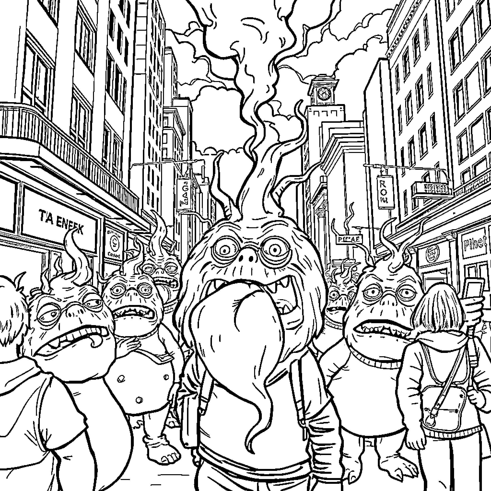 Fart Monster Terrorizing the City Streets Coloring Page (free black-and-white line drawing printable PDF for all, from beginners to advanced learners, including children, teens, adults, and seniors)