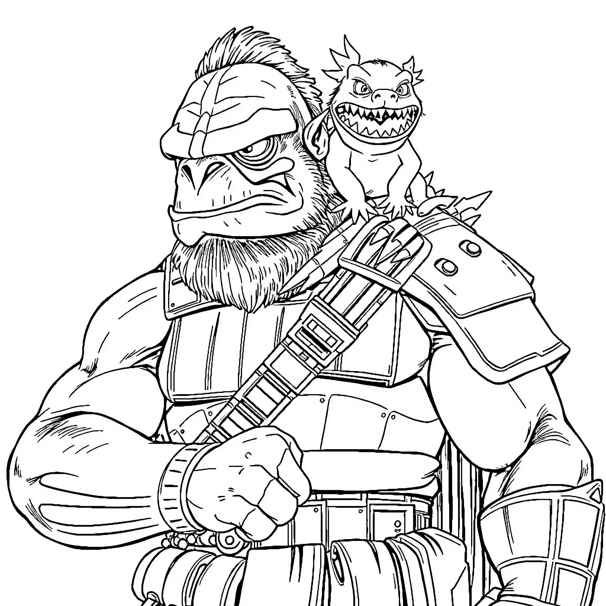 Gamorrean Guard wielding blaster and accompanying ferocious beast Coloring Page (free black-and-white line drawing printable PDF for all, from beginners to advanced learners, including children, teens, adults, and seniors)