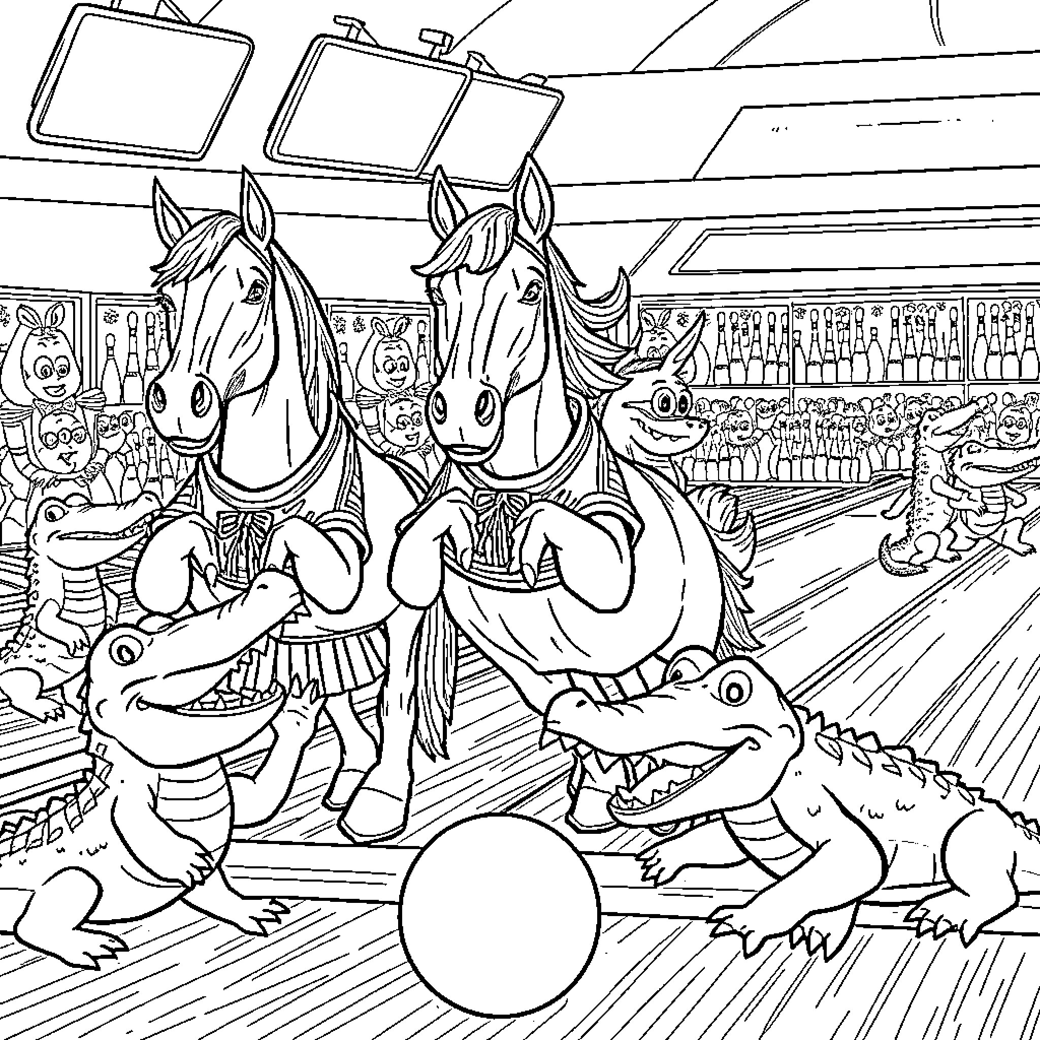 Horse-drawn carriage in a whimsical zoo scene Coloring Page (free black-and-white line drawing printable PDF for all, from beginners to advanced learners, including children, teens, adults, and seniors)