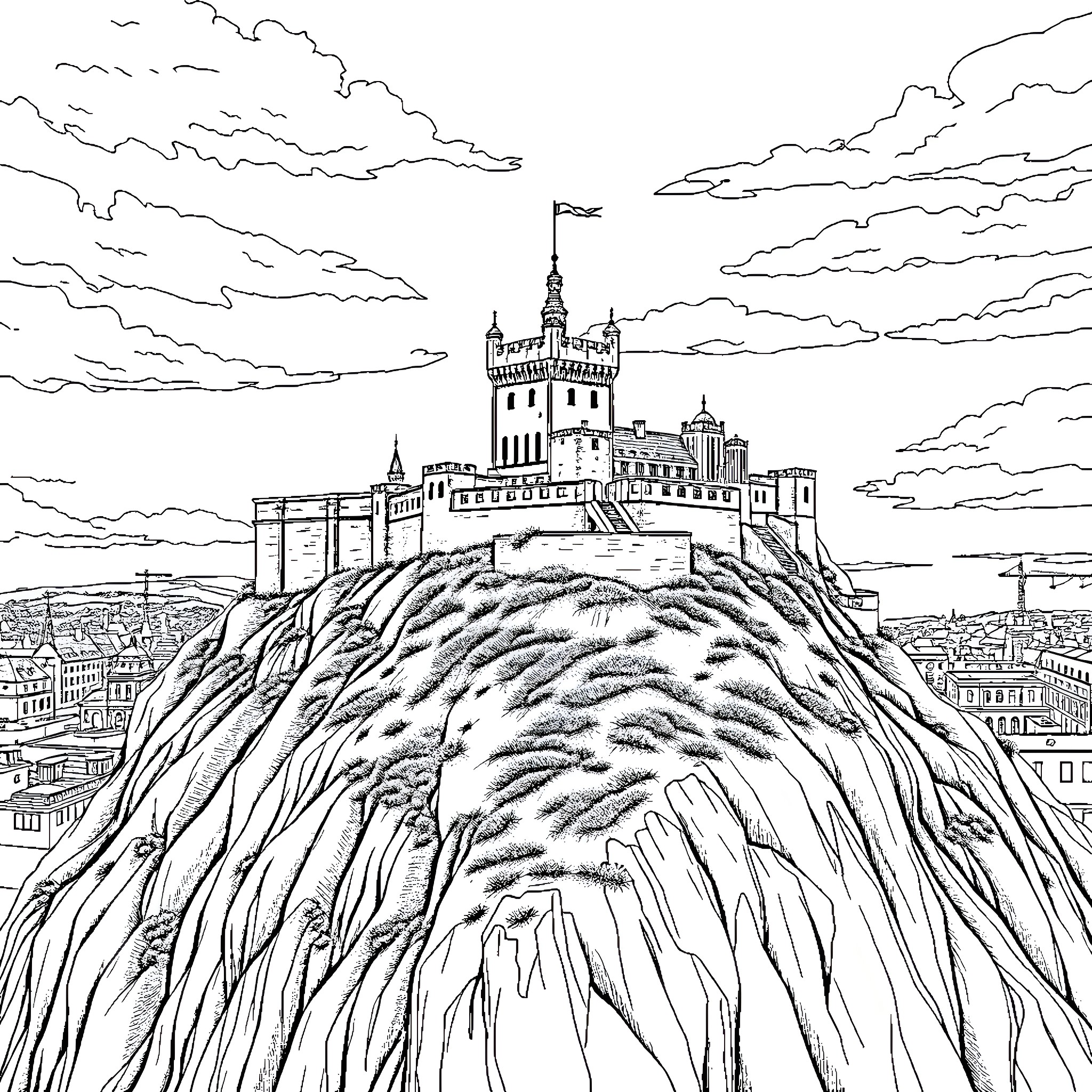 Castle on a Mountainous Landscape Coloring Page (free black-and-white line drawing printable PDF for all, from beginners to advanced learners, including children, teens, adults, and seniors)