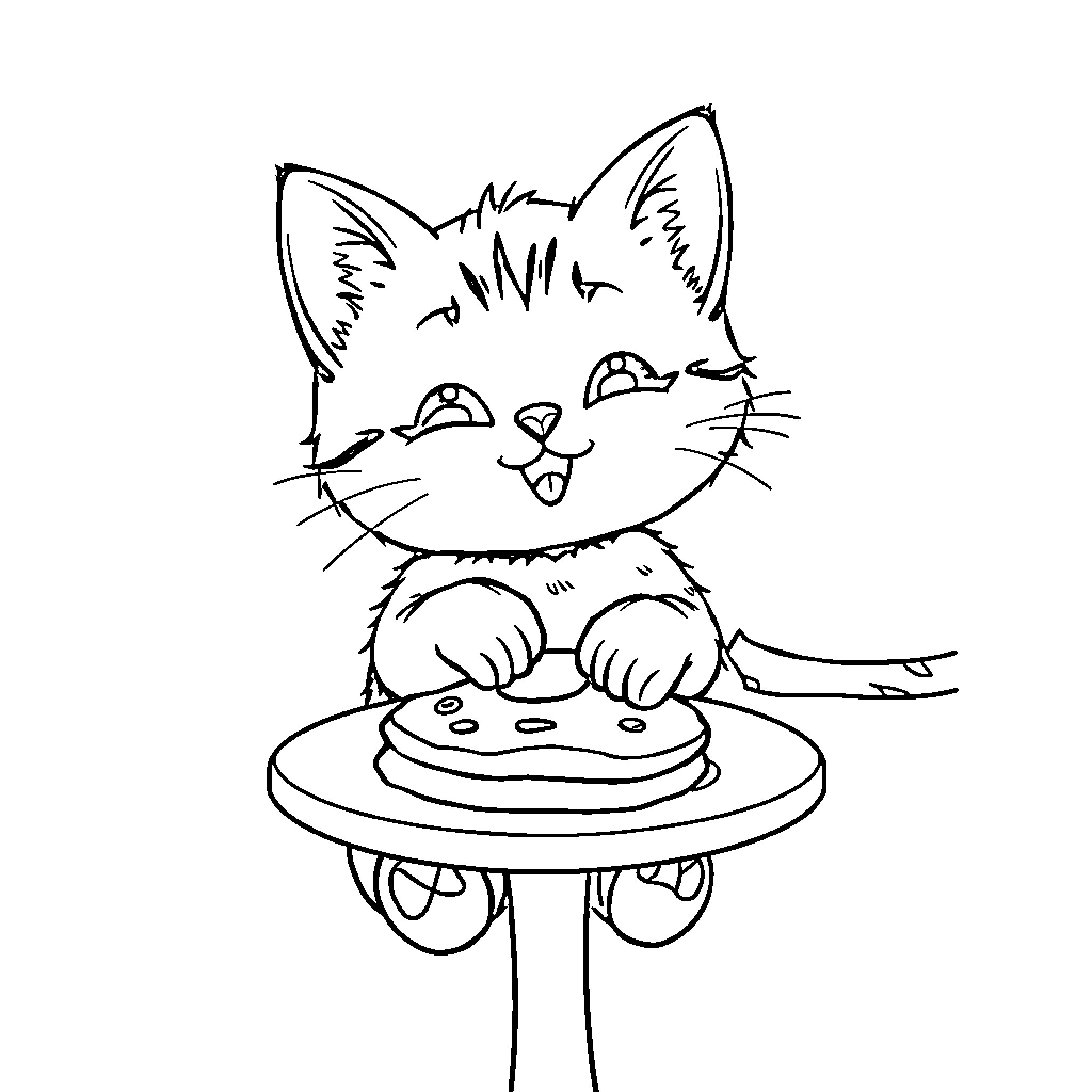 Kitty enjoying a delicious meal Coloring Page (free black-and-white line drawing printable PDF for all, from beginners to advanced learners, including children, teens, adults, and seniors)