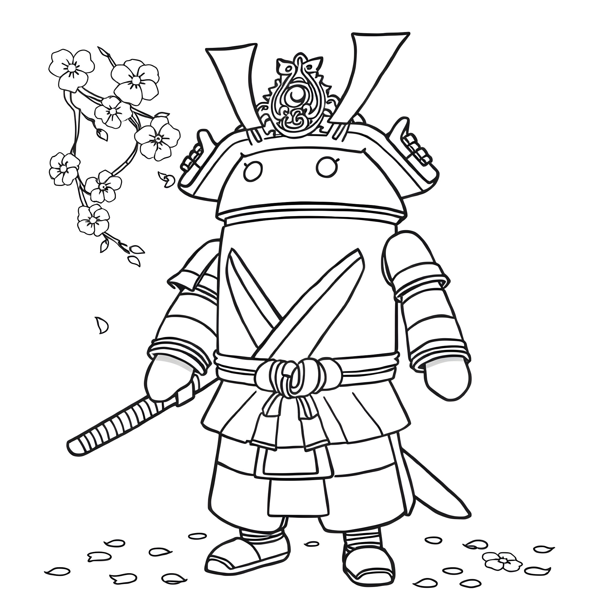 Android warrior in samurai armor with floral accents Coloring Page (free black-and-white line drawing printable PDF for all, from beginners to advanced learners, including children, teens, adults, and seniors)