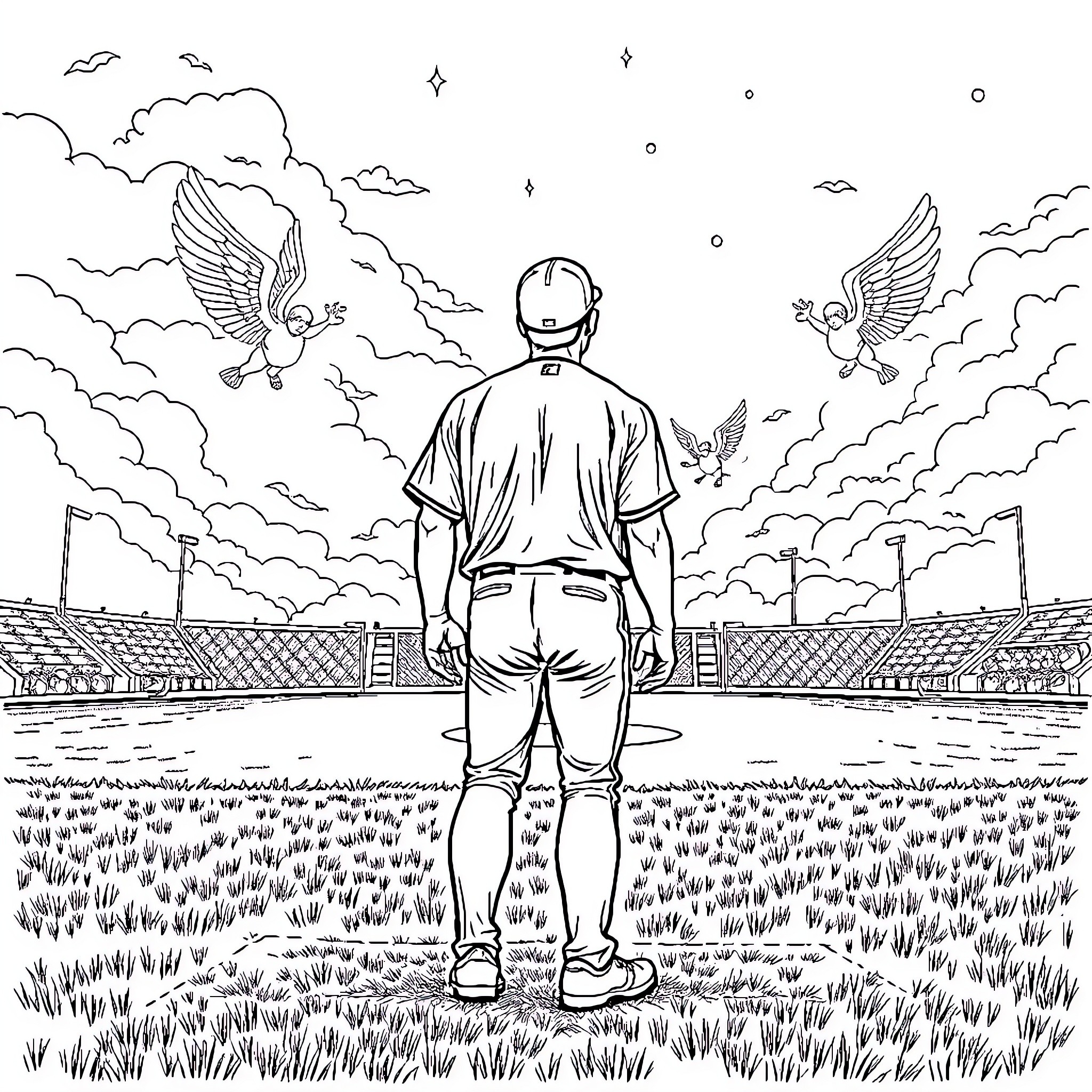 Baseball Player Standing Proudly on Field with Birds Coloring Page (free black-and-white line drawing printable PDF for all, from beginners to advanced learners, including children, teens, adults, and seniors)