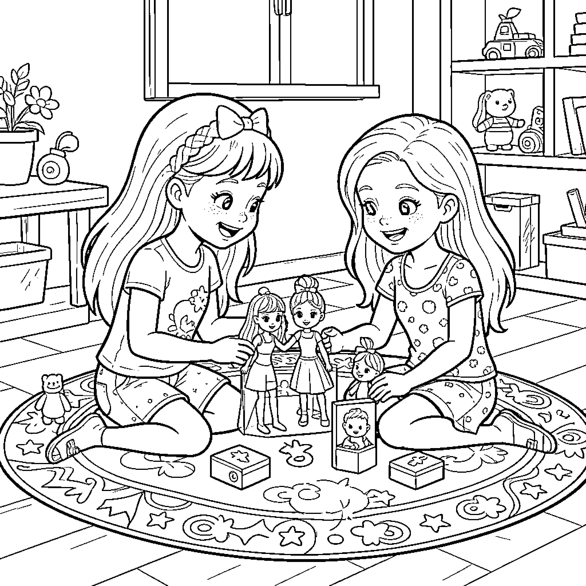 Girl playing with toys and doll in room Coloring Page (free black-and-white line drawing printable PDF for all, from beginners to advanced learners, including children, teens, adults, and seniors)