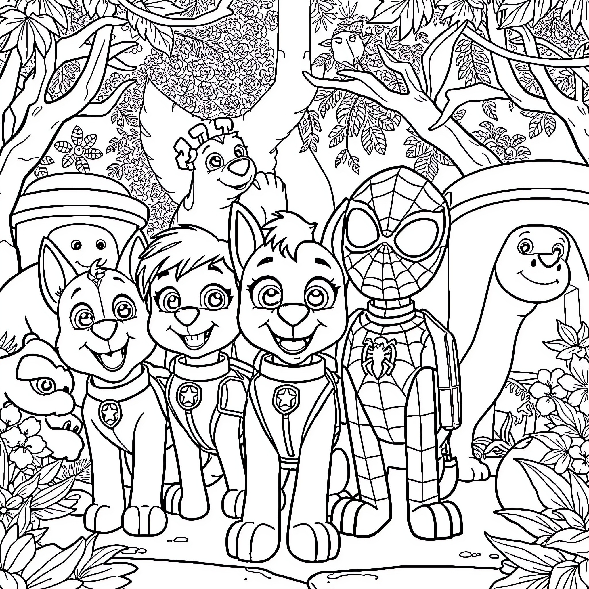 Paw Patrol characters in a forest adventure Coloring Page (free black-and-white line drawing printable PDF for all, from beginners to advanced learners, including children, teens, adults, and seniors)