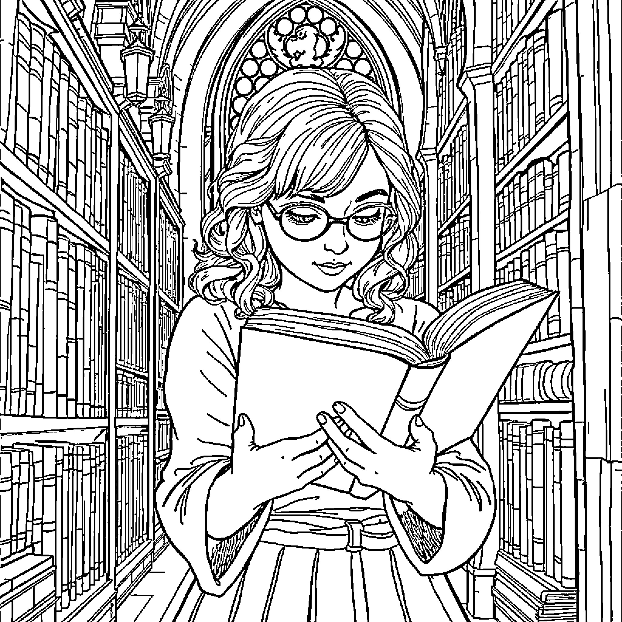 Hermione Granger reading intently in the library Coloring Page (free black-and-white line drawing printable PDF for all, from beginners to advanced learners, including children, teens, adults, and seniors)